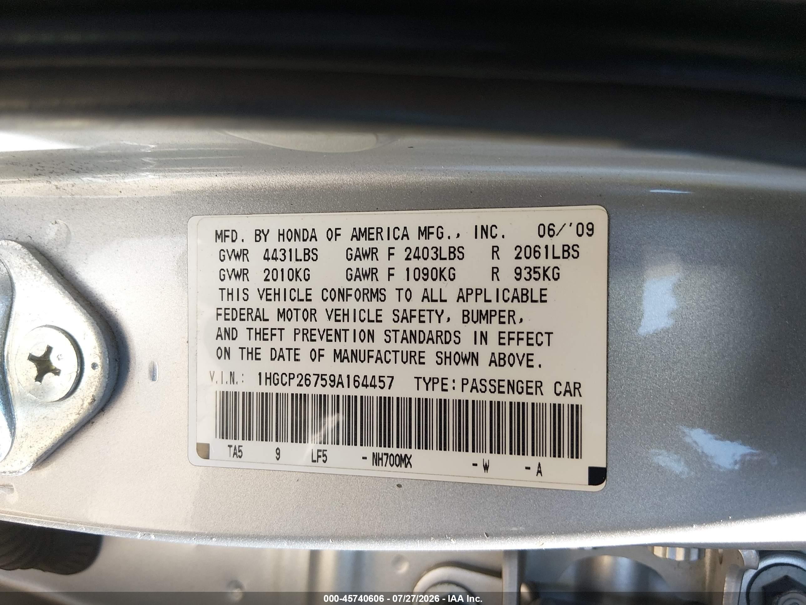 2009 Honda Accord 2.4 Ex Silver vin: 1HGCP26759A164457