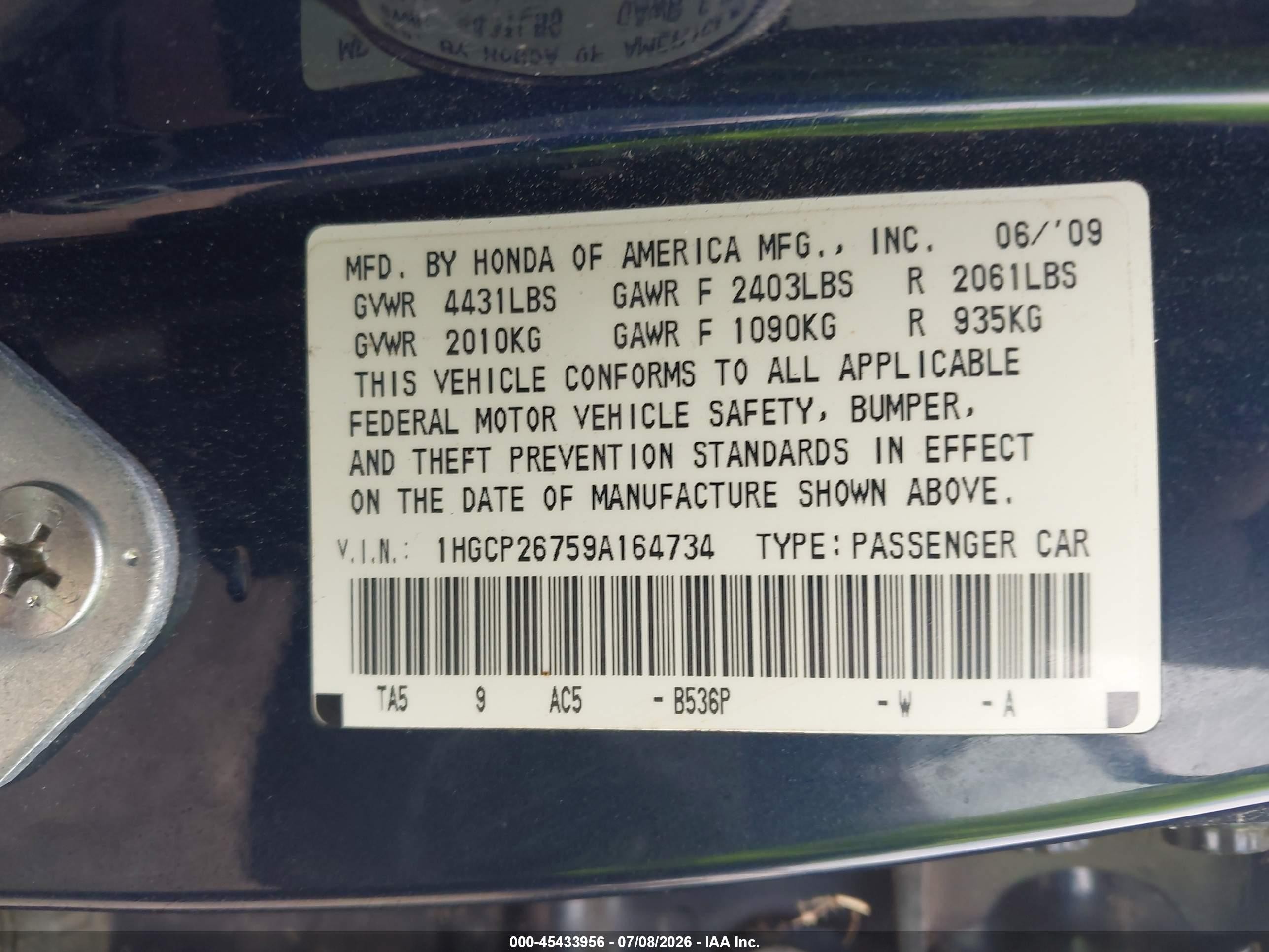 2009 Honda Accord 2.4 Ex Blue vin: 1HGCP26759A164734