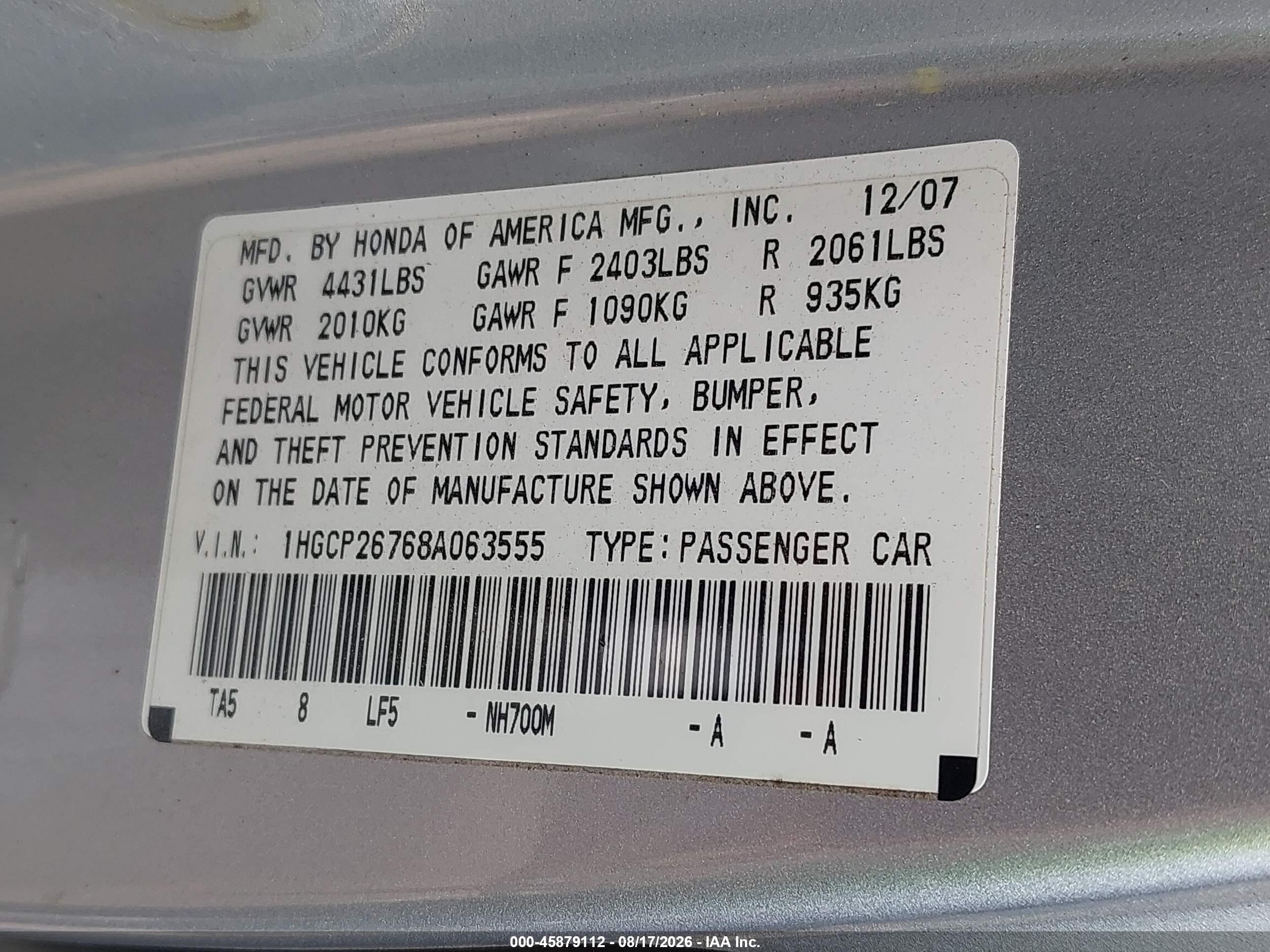 2008 Honda Accord 2.4 Ex Серебряный vin: 1HGCP26768A063555