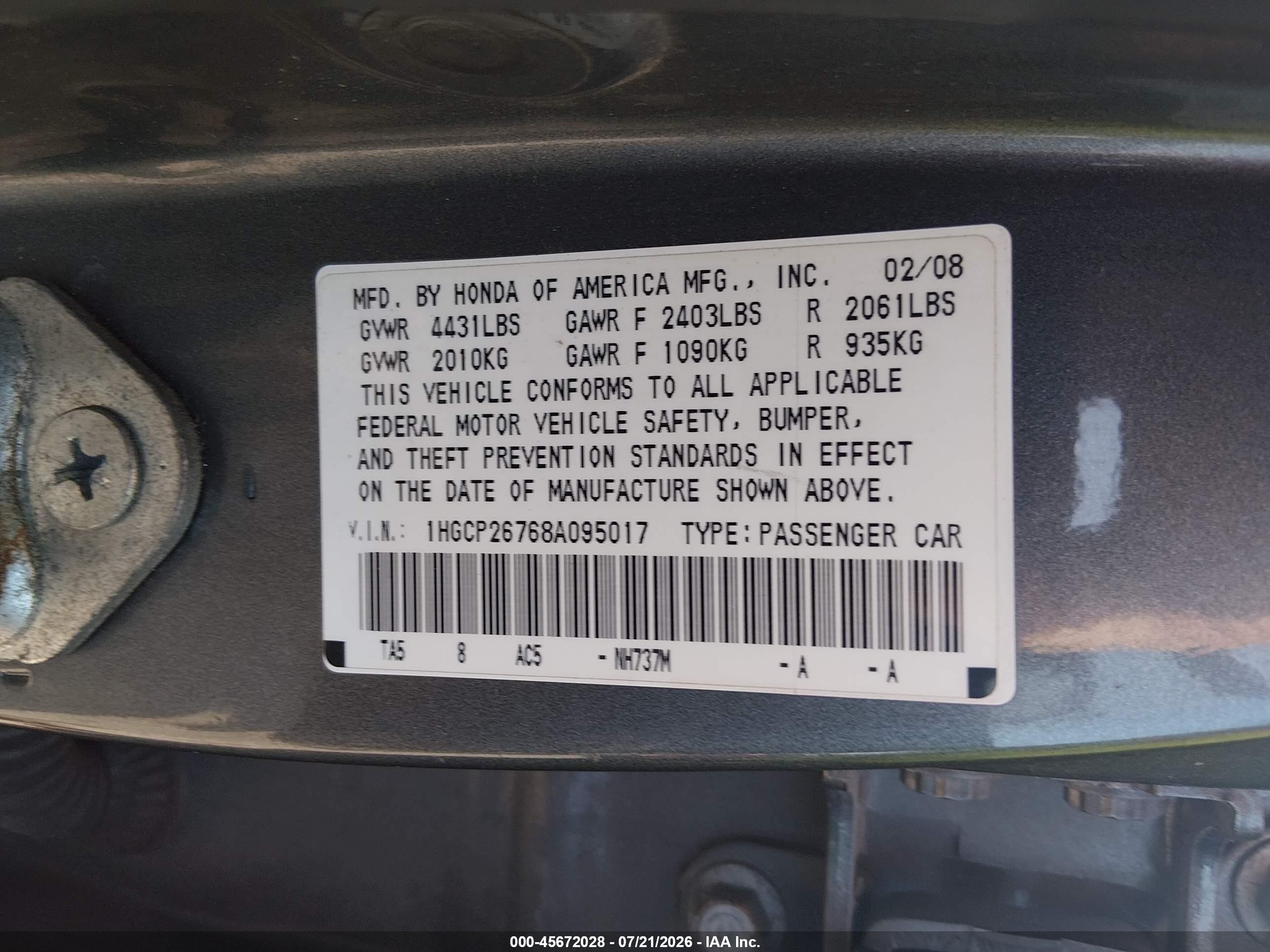2008 Honda Accord 2.4 Ex Gray vin: 1HGCP26768A095017