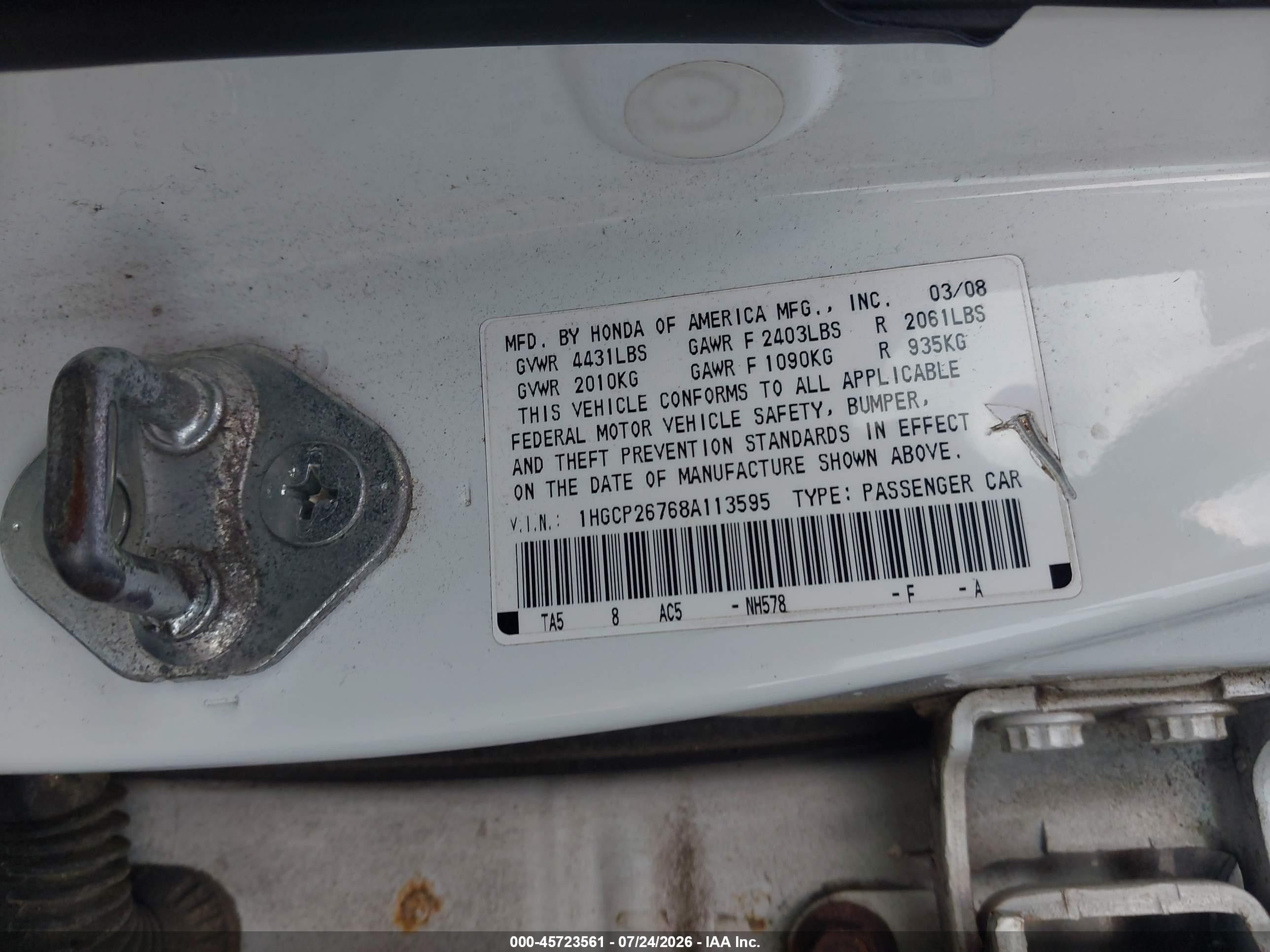 2008 Honda Accord 2.4 Ex White vin: 1HGCP26768A113595