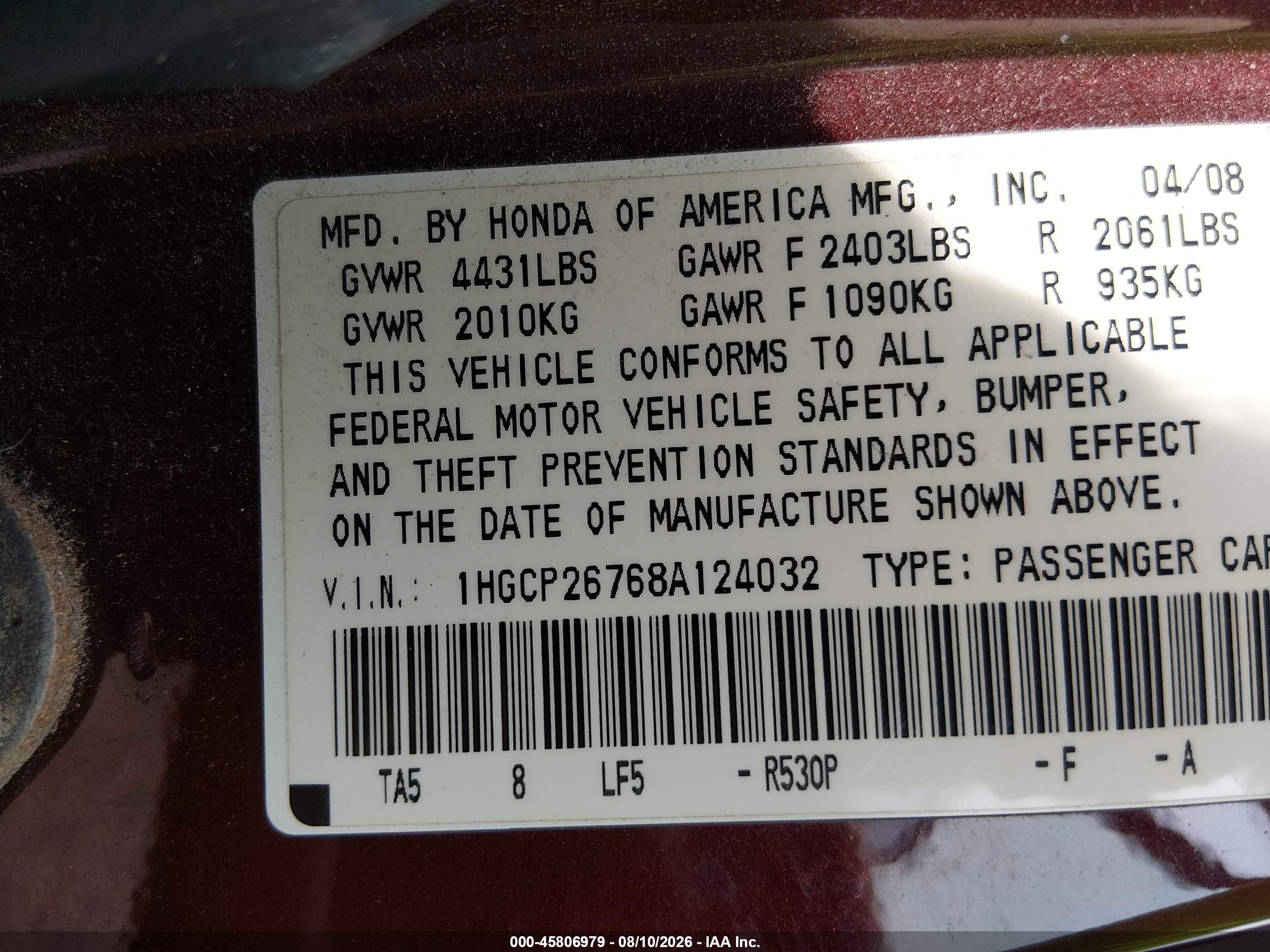 2008 Honda Accord 2.4 Ex Red vin: 1HGCP26768A124032