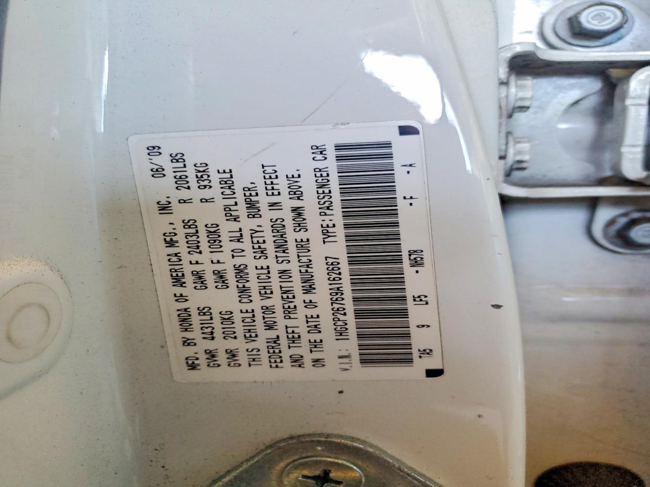 2009 Honda Accord Ex White vin: 1HGCP26769A162667