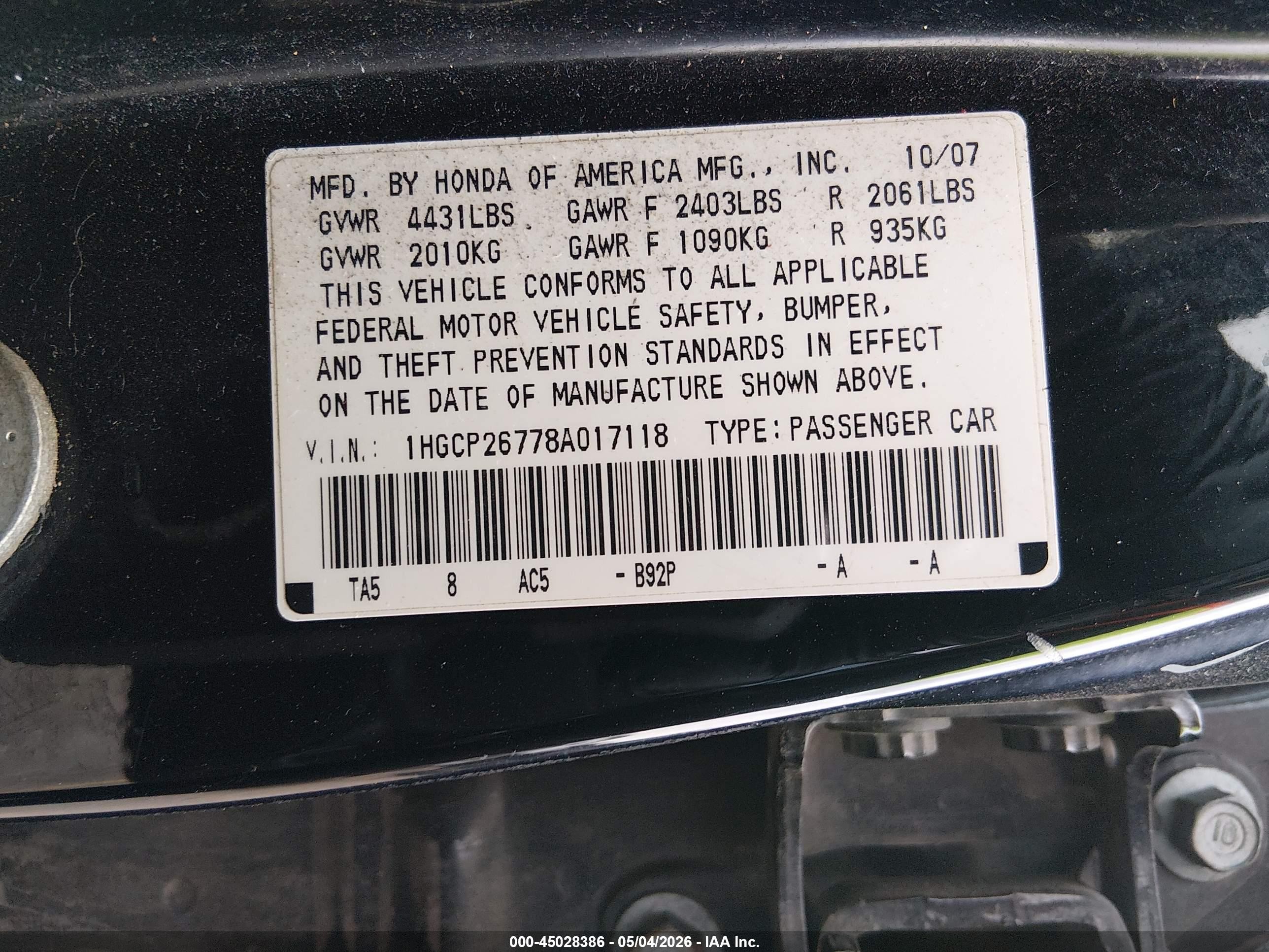 2008 Honda Accord 2.4 Ex Black vin: 1HGCP26778A017118