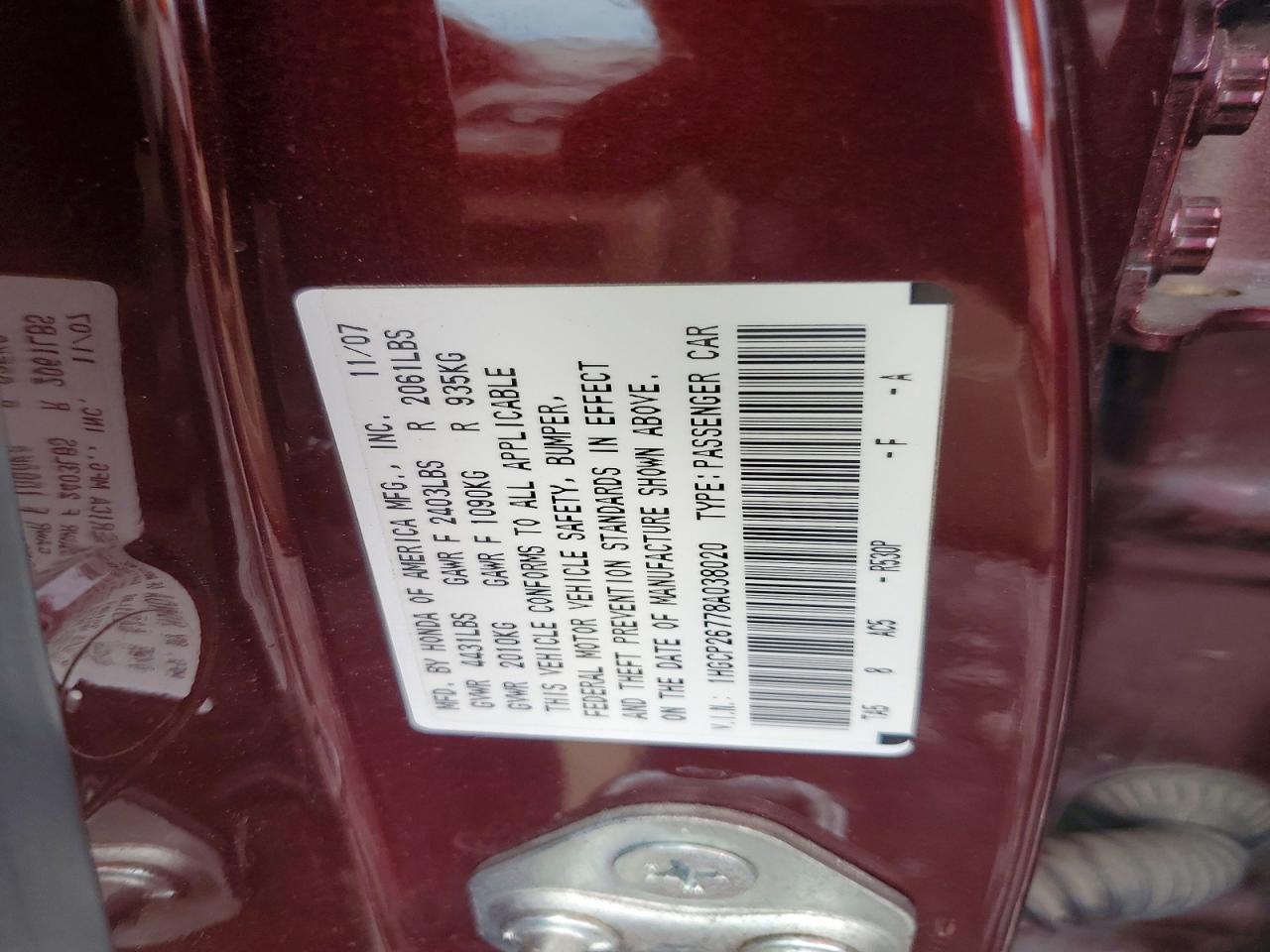 2008 Honda Accord Ex Burgundy vin: 1HGCP26778A038020