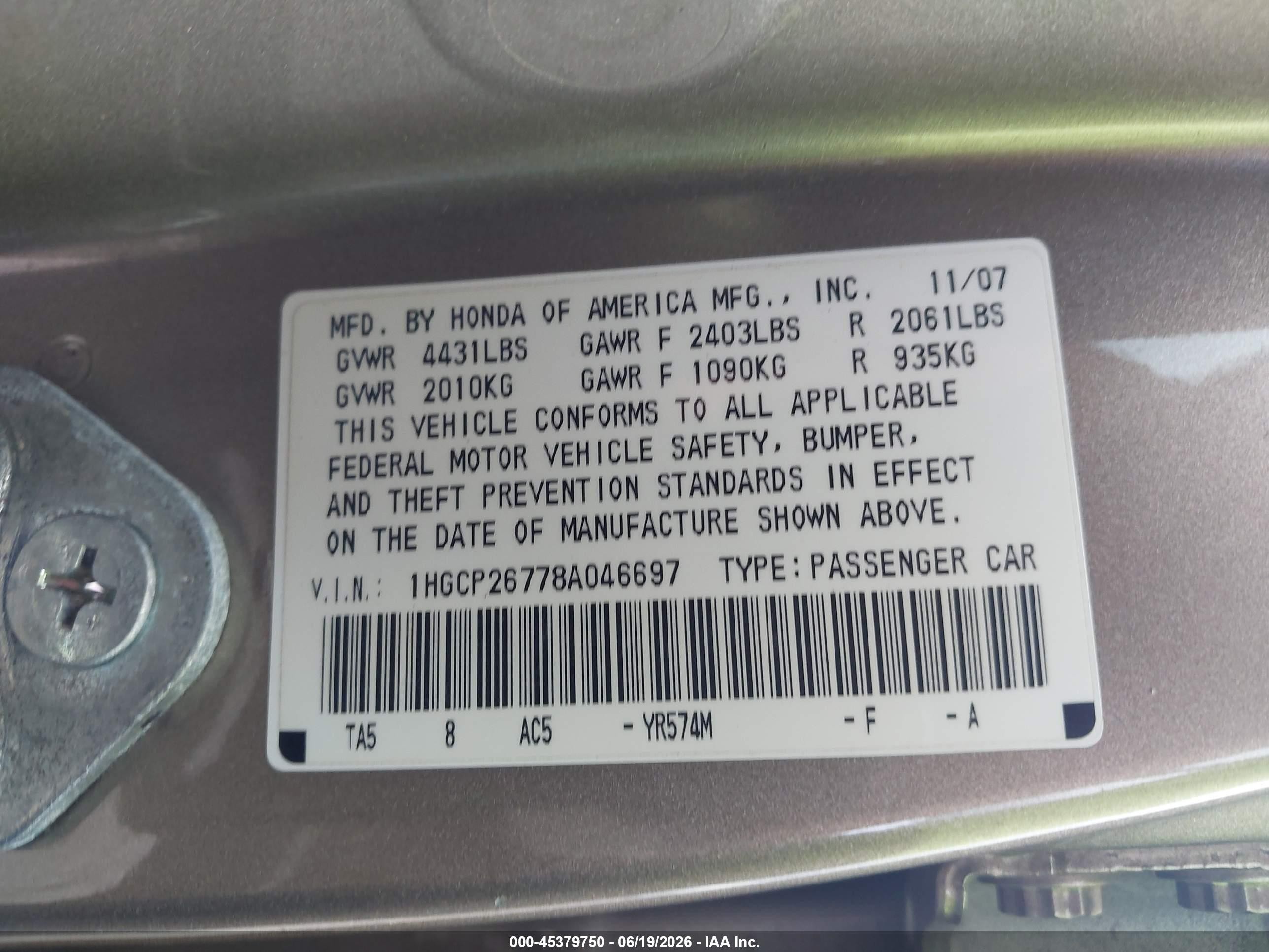 2008 Honda Accord 2.4 Ex Beige vin: 1HGCP26778A046697