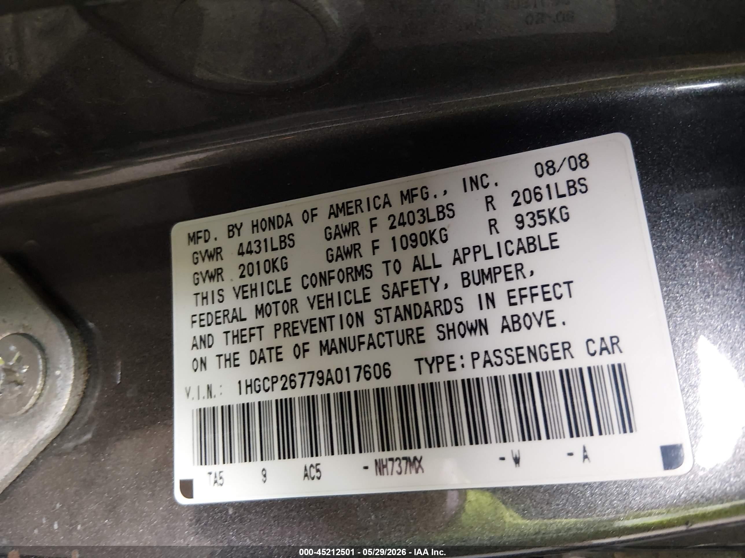2009 Honda Accord 2.4 Ex Gray vin: 1HGCP26779A017606