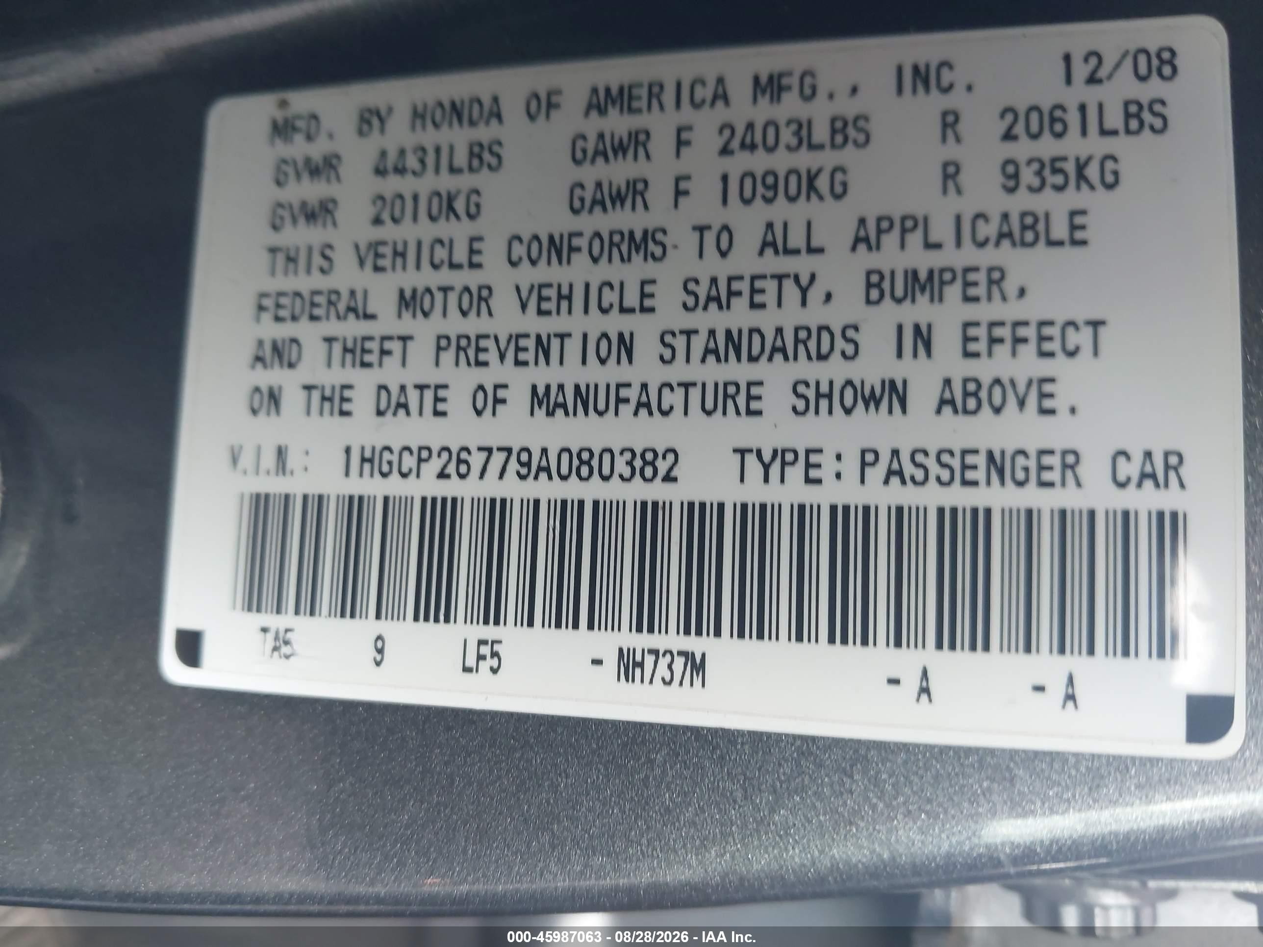2009 Honda Accord 2.4 Ex Gray vin: 1HGCP26779A080382