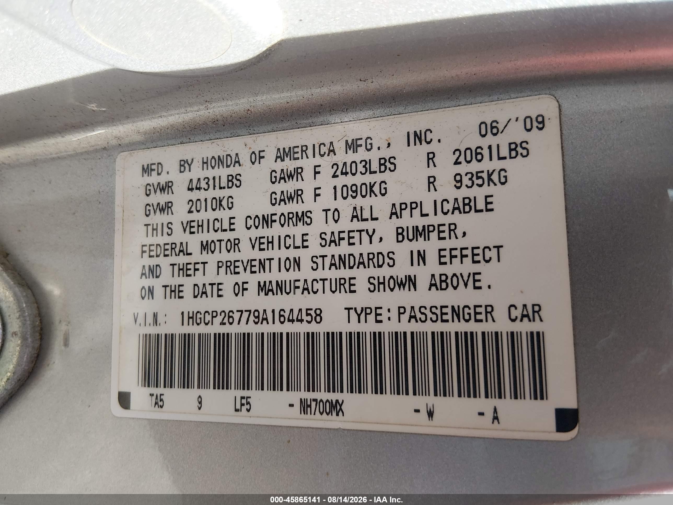 2009 Honda Accord 2.4 Ex Серебряный vin: 1HGCP26779A164458