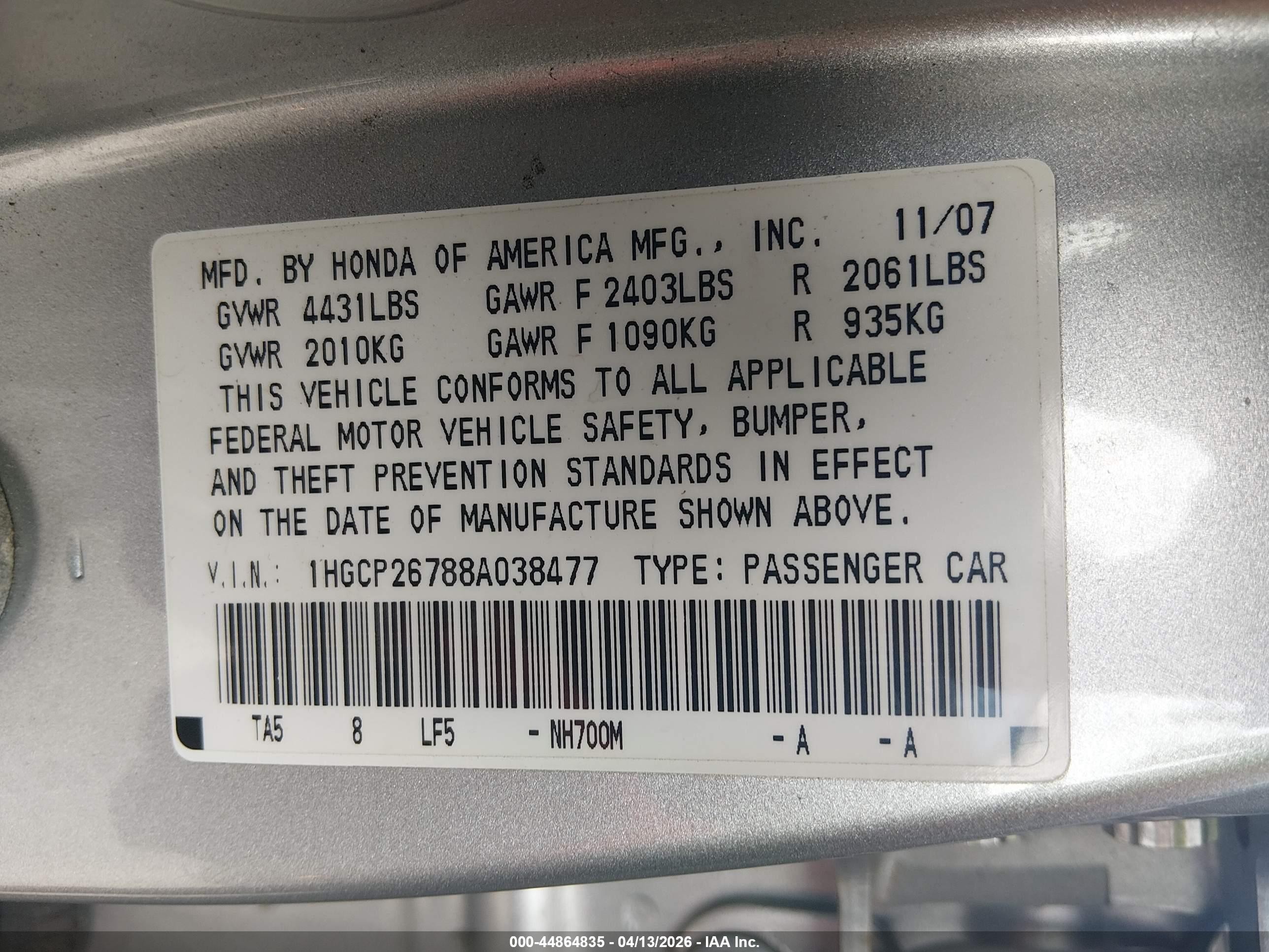 2008 Honda Accord 2.4 Ex Silver vin: 1HGCP26788A038477