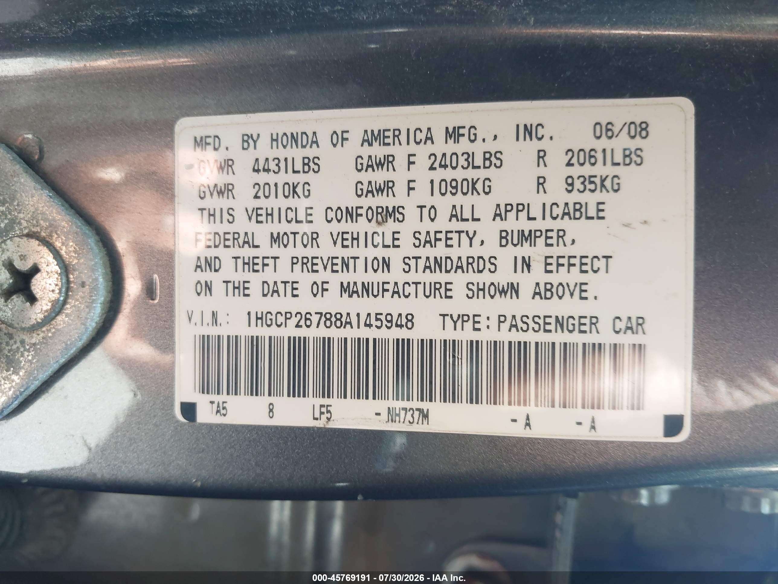 2008 Honda Accord 2.4 Ex Gray vin: 1HGCP26788A145948