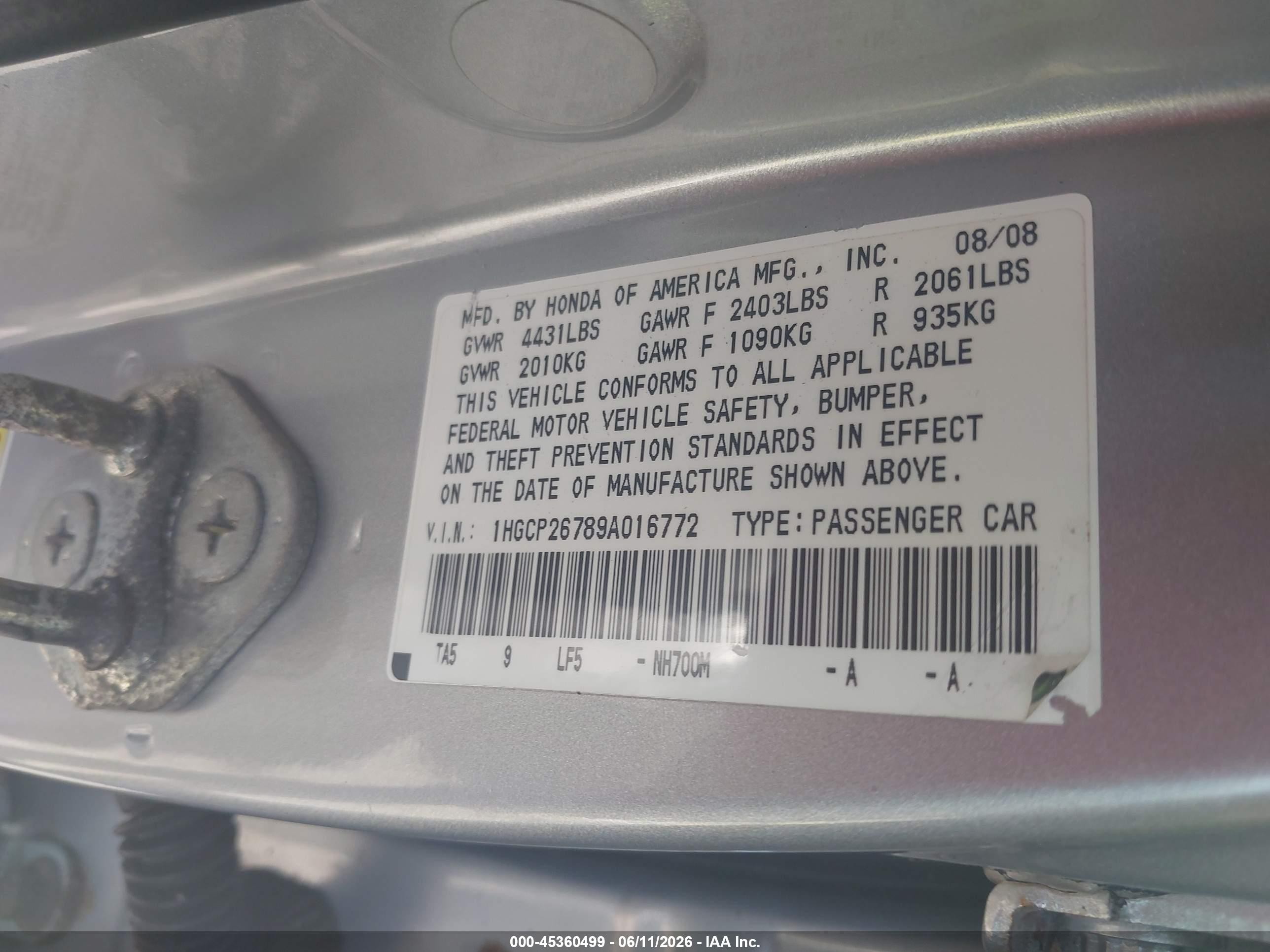2009 Honda Accord 2.4 Ex Silver vin: 1HGCP26789A016772