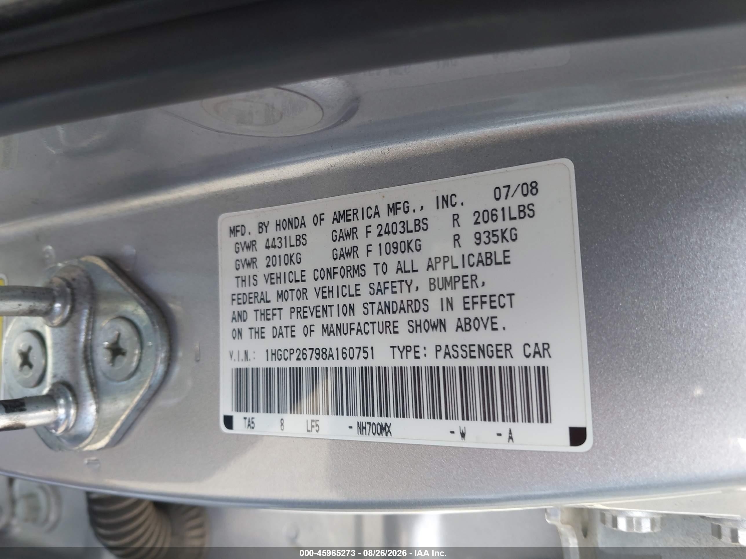 2008 Honda Accord 2.4 Ex Silver vin: 1HGCP26798A160751