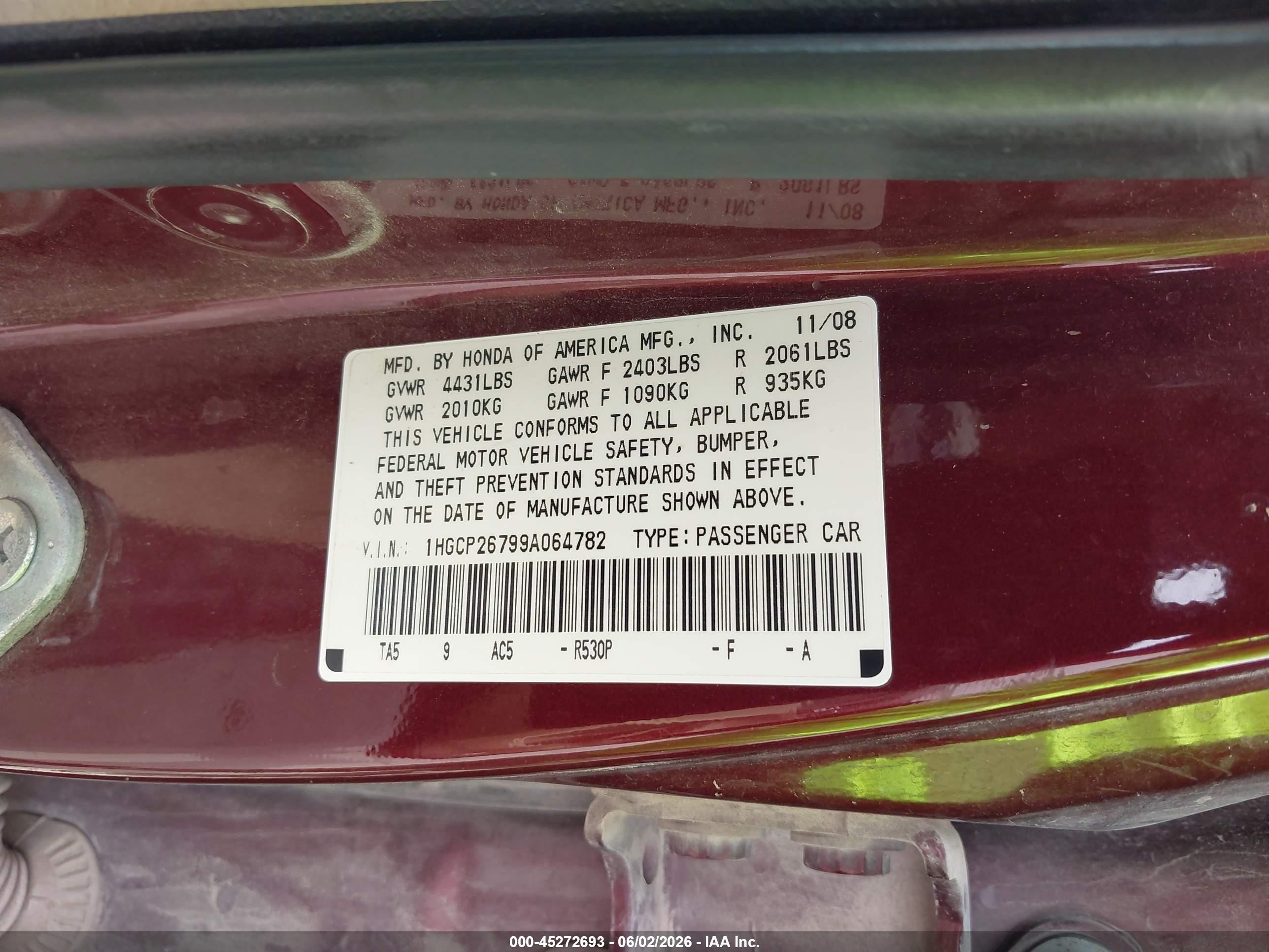 2009 Honda Accord 2.4 Ex Maroon vin: 1HGCP26799A064782