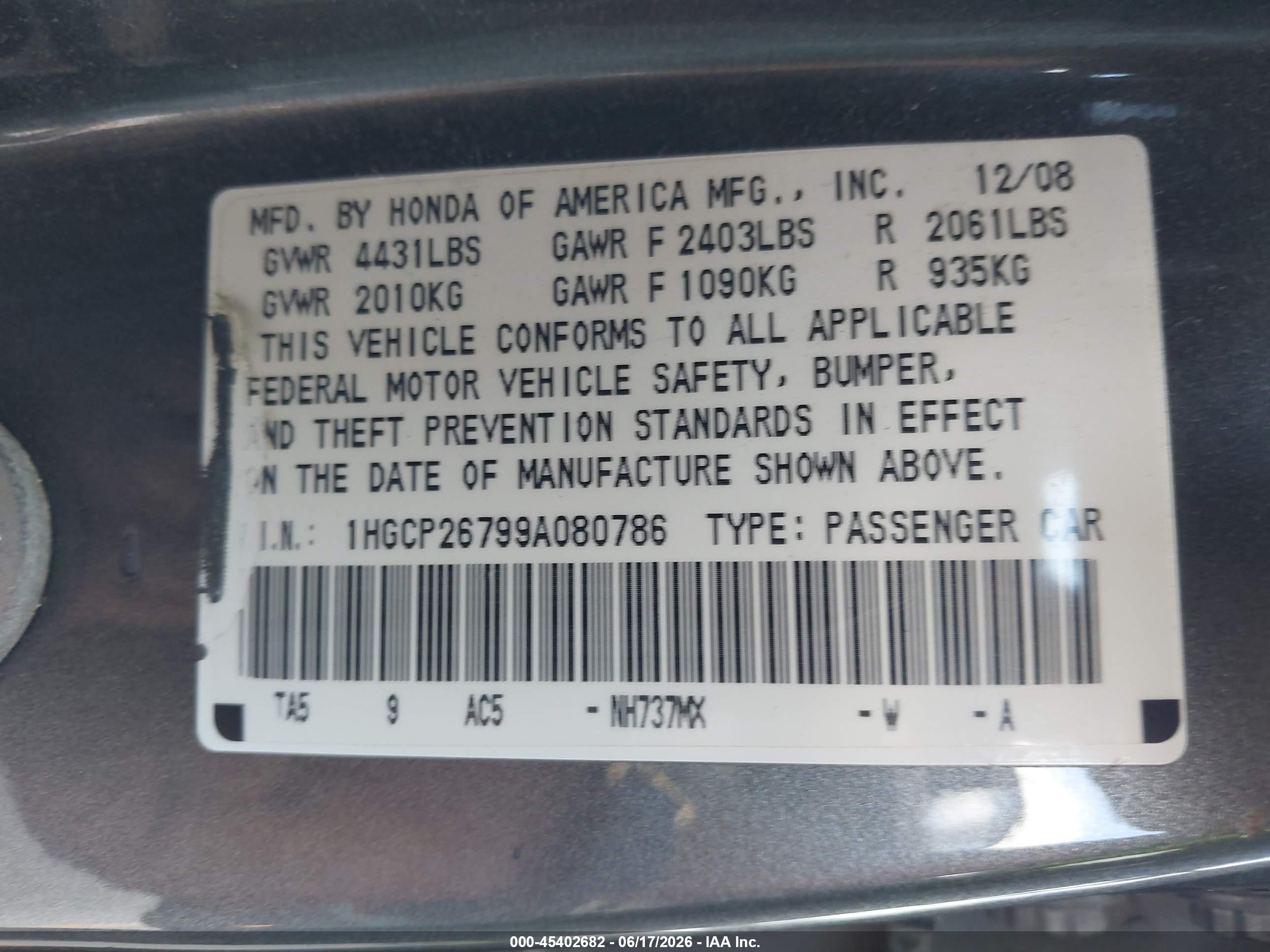 2009 Honda Accord 2.4 Ex Gray vin: 1HGCP26799A080786
