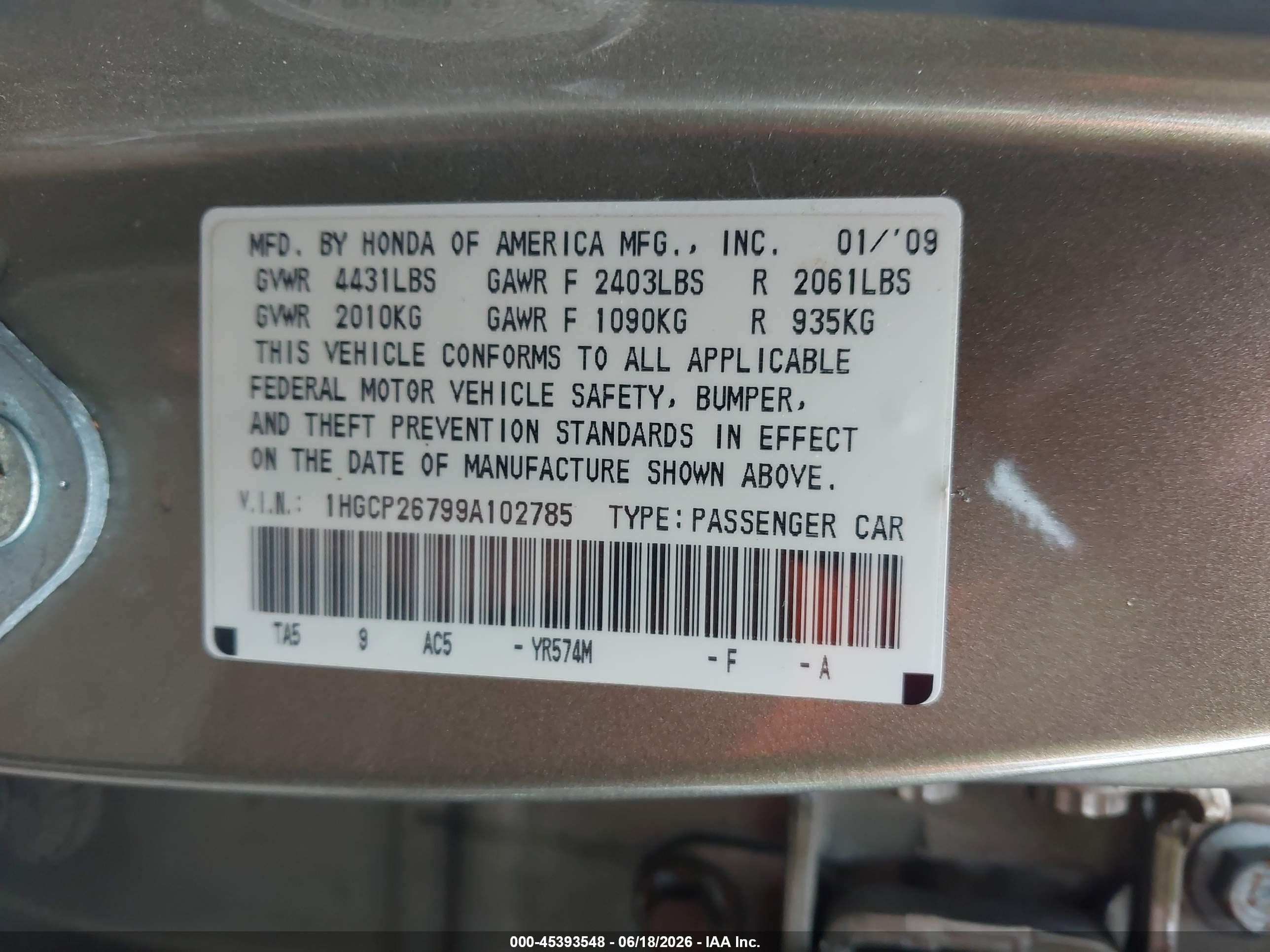 2009 Honda Accord 2.4 Ex Gold vin: 1HGCP26799A102785