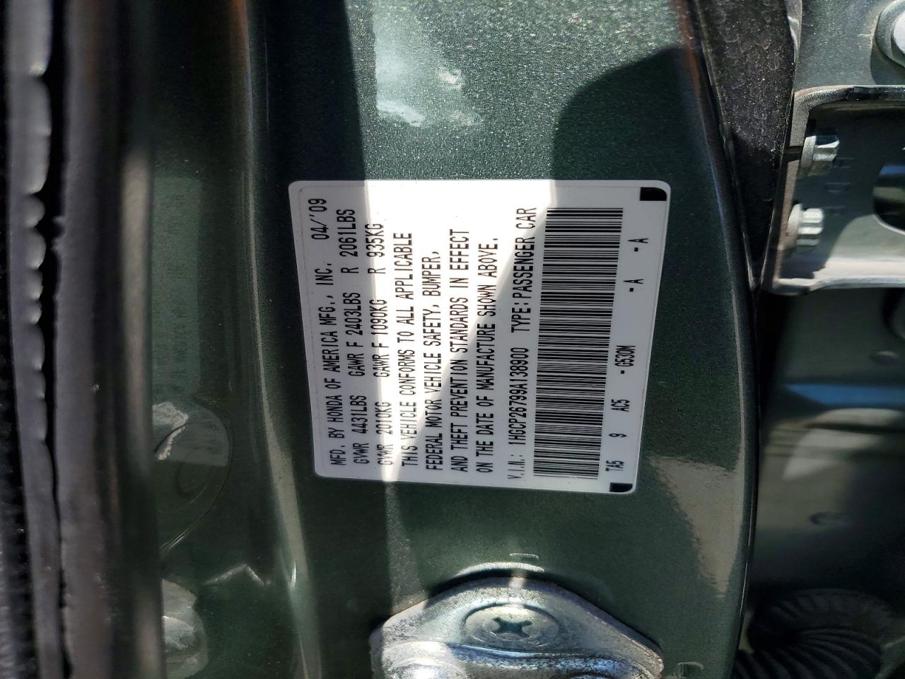 2009 Honda Accord Ex Green vin: 1HGCP26799A138900