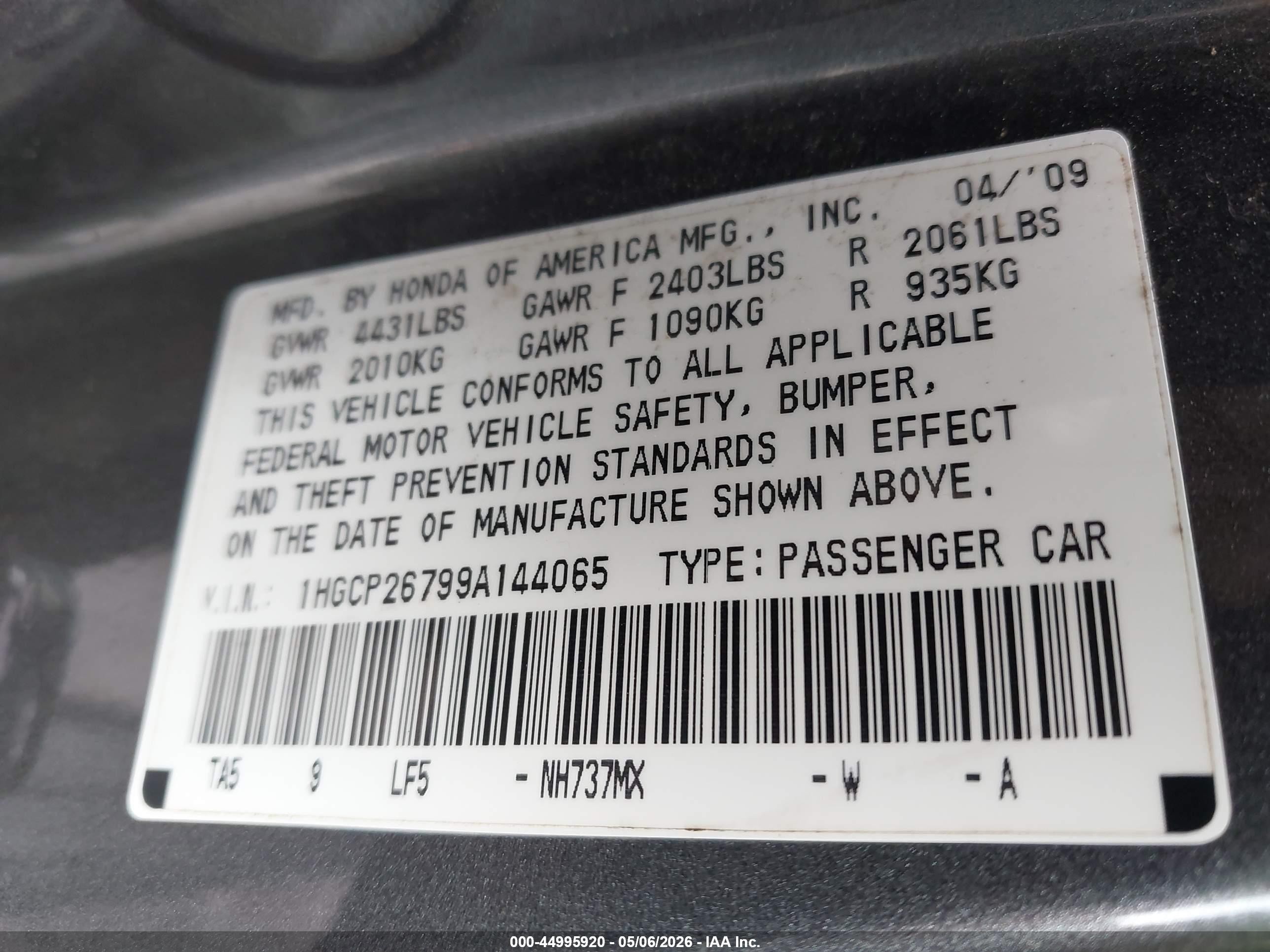 2009 Honda Accord 2.4 Ex Gray vin: 1HGCP26799A144065