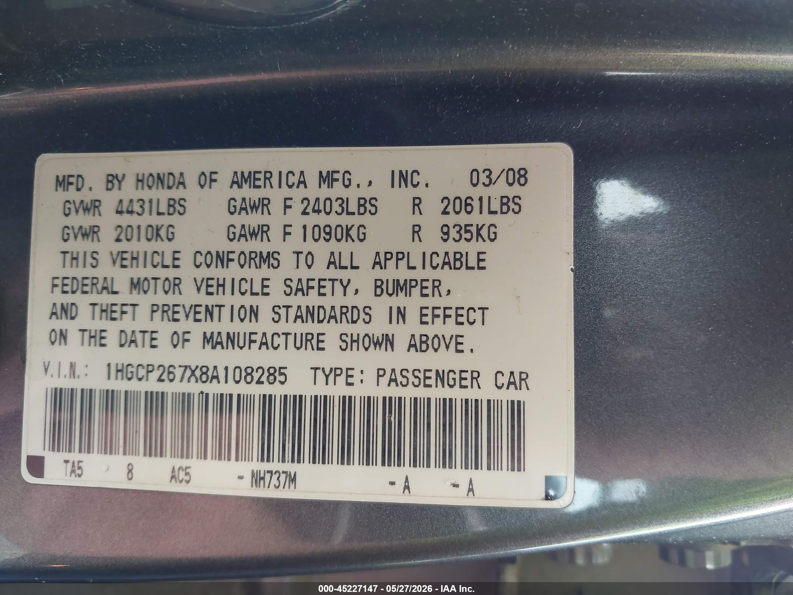 2008 Honda Accord 2.4 Ex Gray vin: 1HGCP267X8A108285