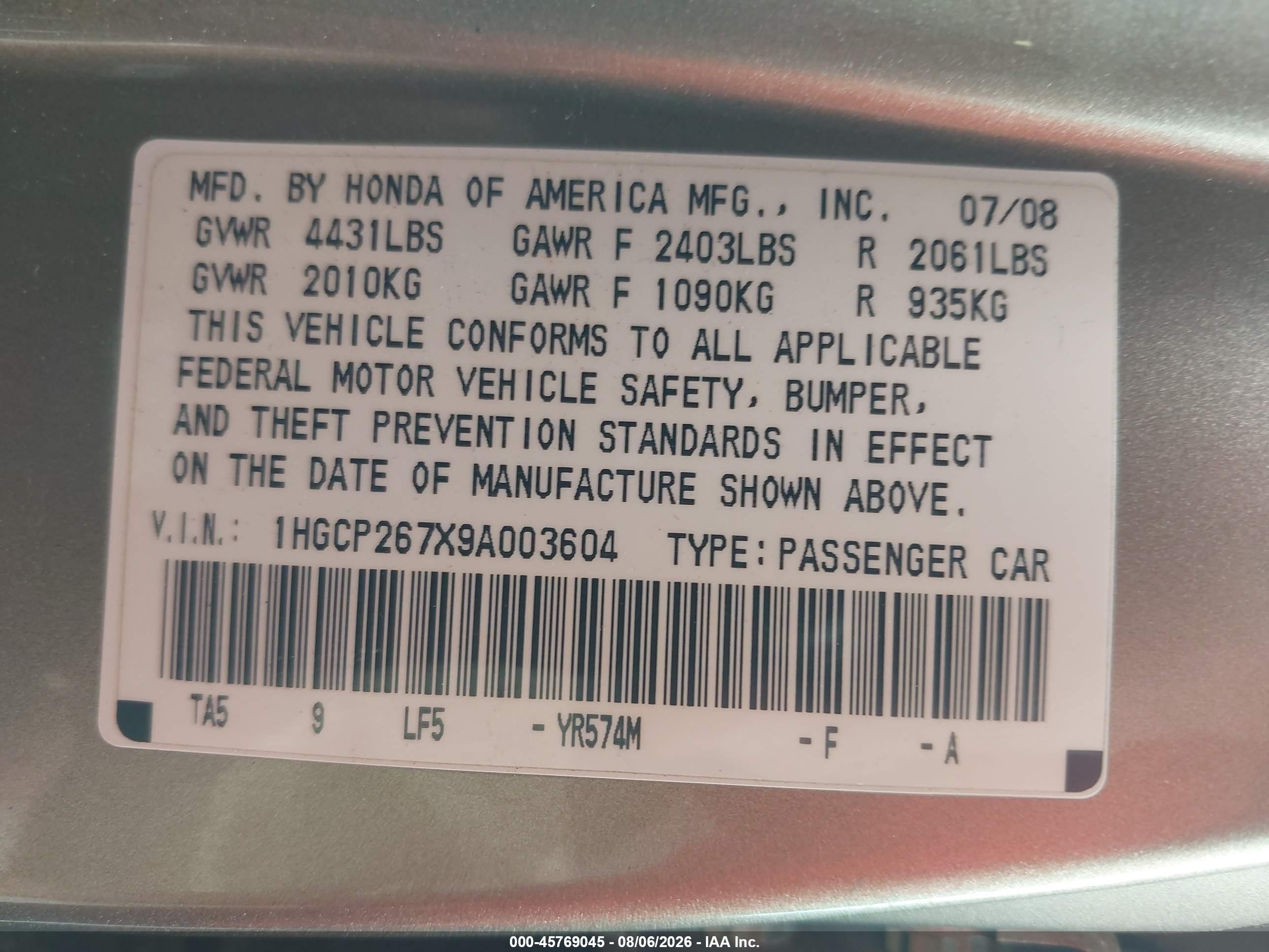 2009 Honda Accord 2.4 Ex Gold vin: 1HGCP267X9A003604