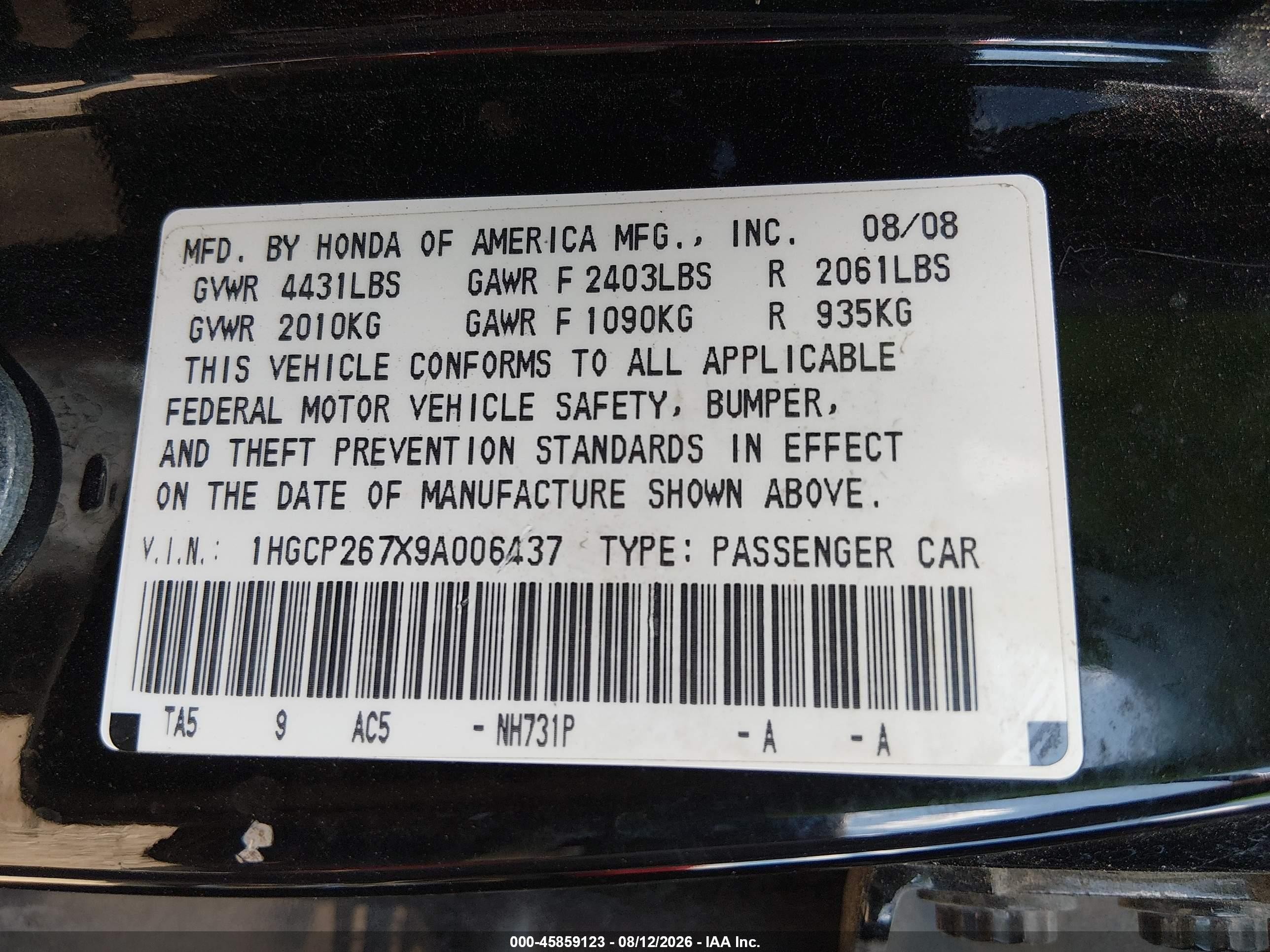 2009 Honda Accord 2.4 Ex Black vin: 1HGCP267X9A006437