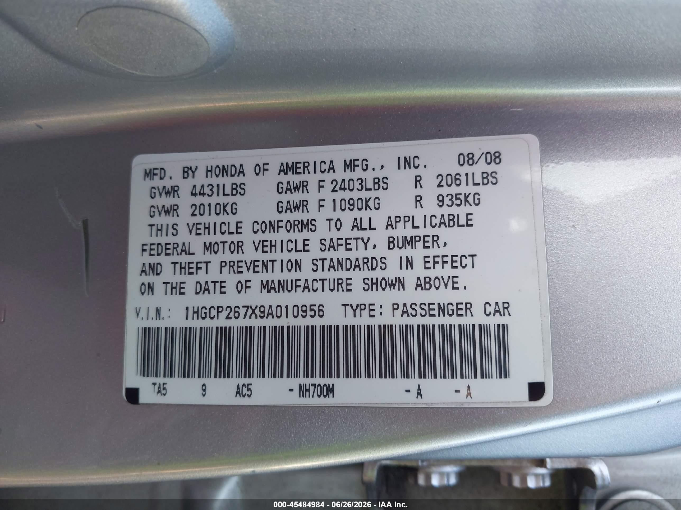 2009 Honda Accord 2.4 Ex Серебряный vin: 1HGCP267X9A010956