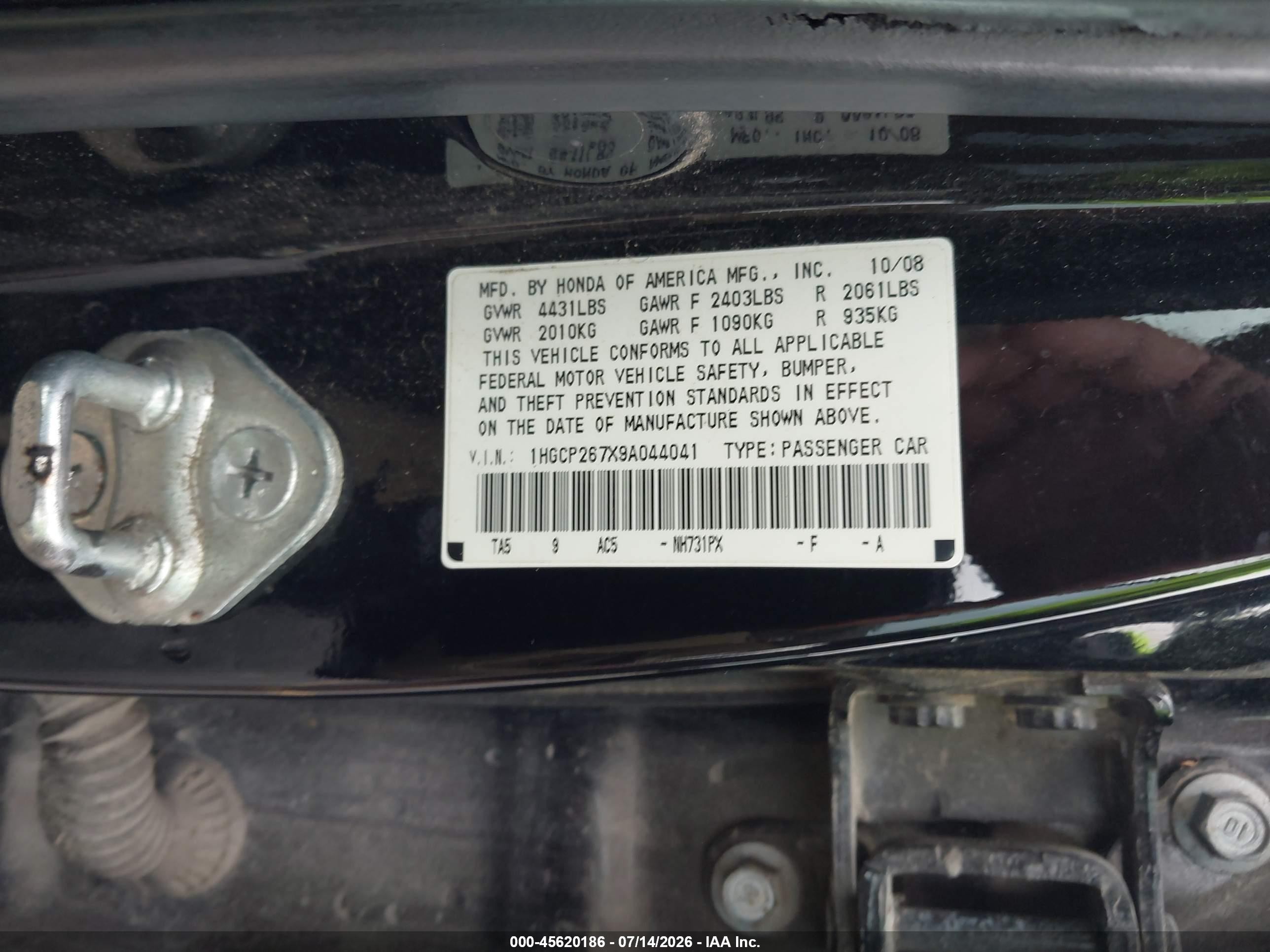 2009 Honda Accord 2.4 Ex Black vin: 1HGCP267X9A044041