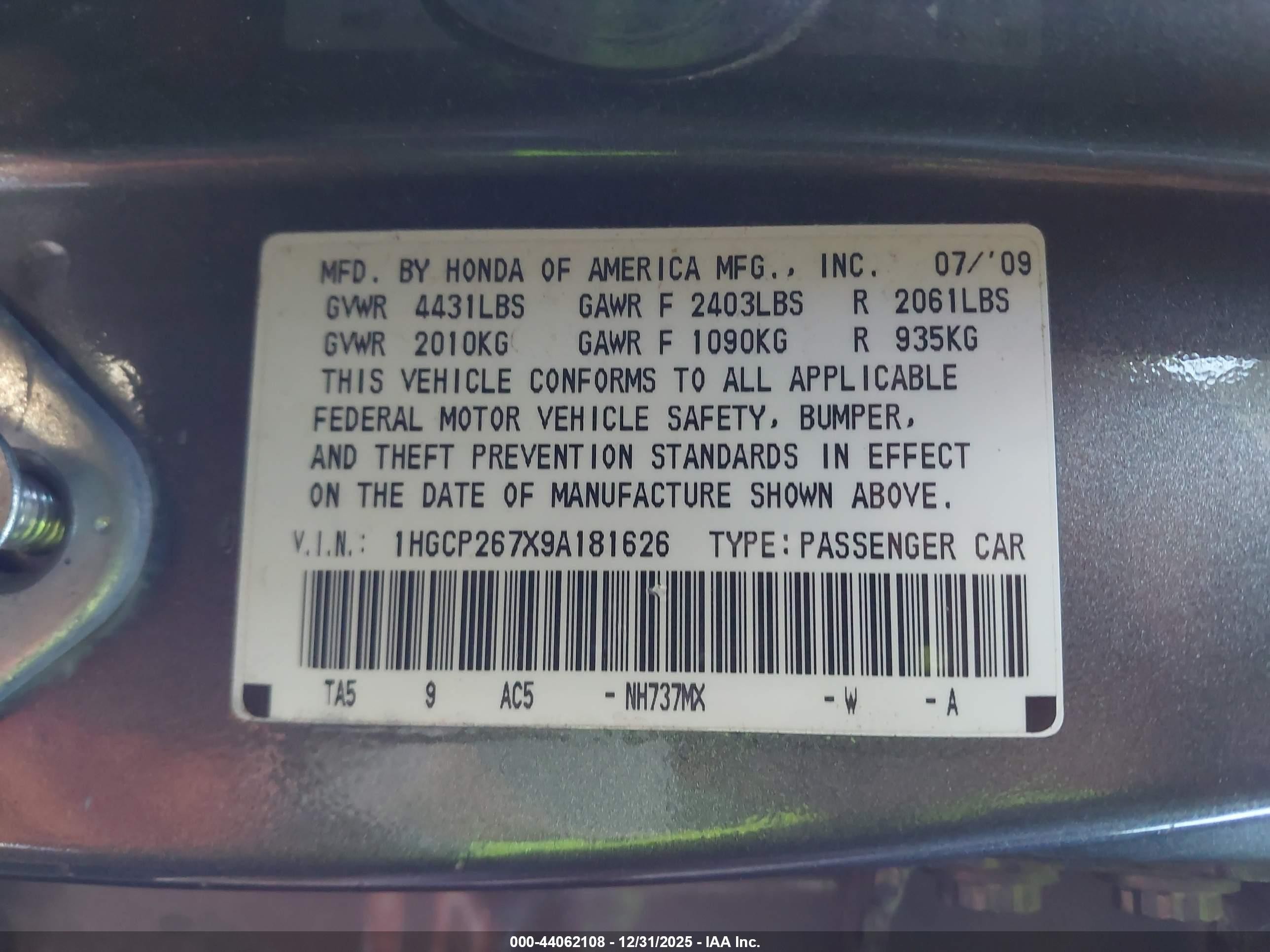 2009 Honda Accord 2.4 Ex Gray vin: 1HGCP267X9A181626