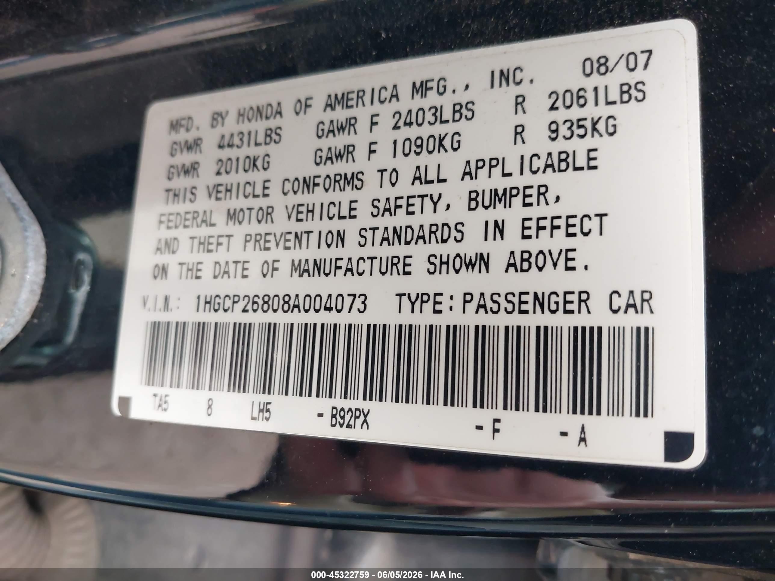 2008 Honda Accord 2.4 Ex-l Black vin: 1HGCP26808A004073