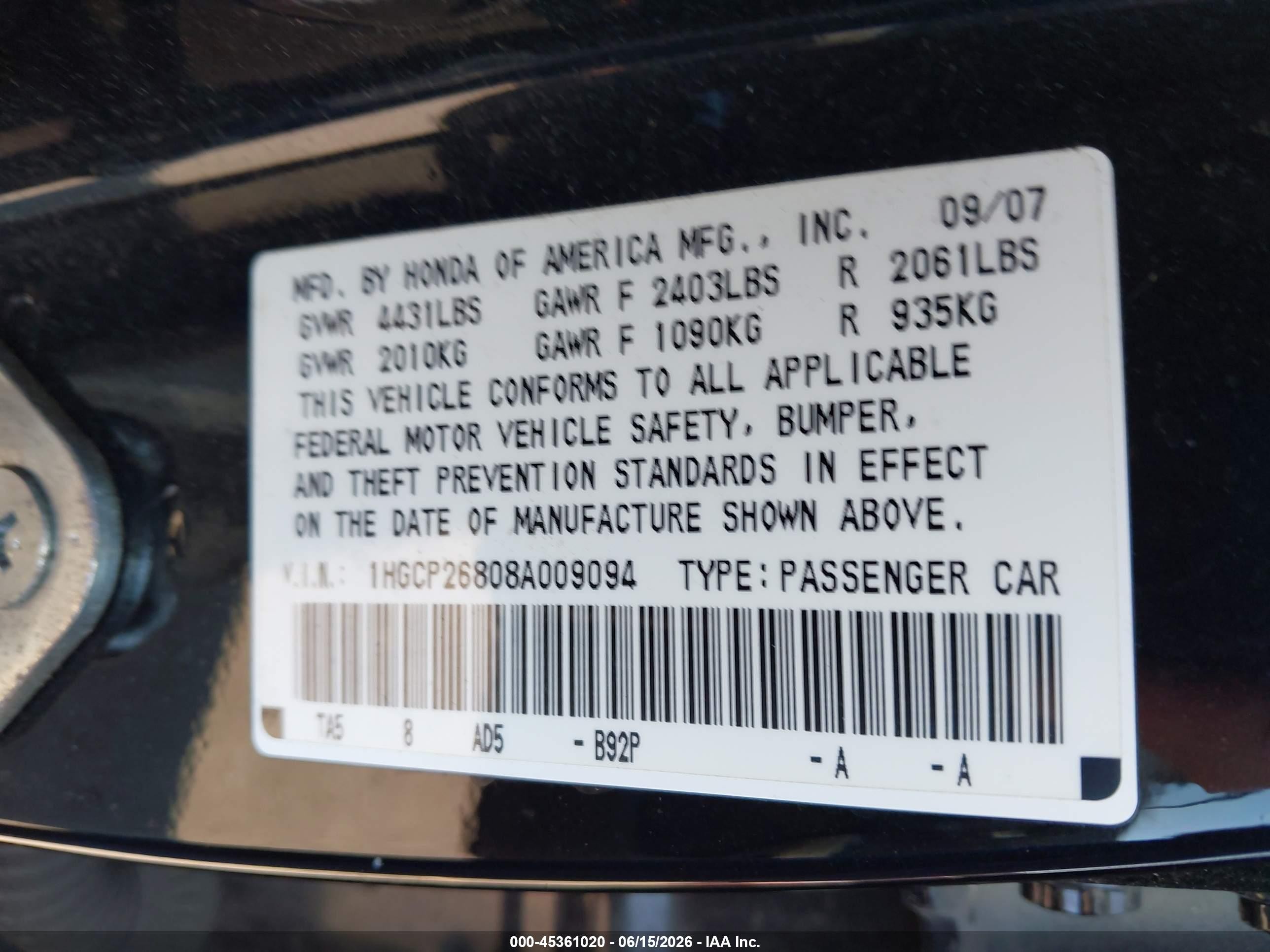 2008 Honda Accord 2.4 Ex-l Black vin: 1HGCP26808A009094