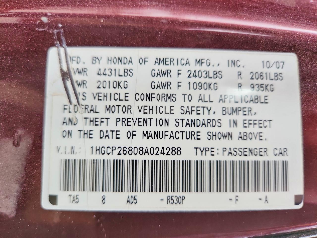 2008 Honda Accord Exl Maroon vin: 1HGCP26808A024288