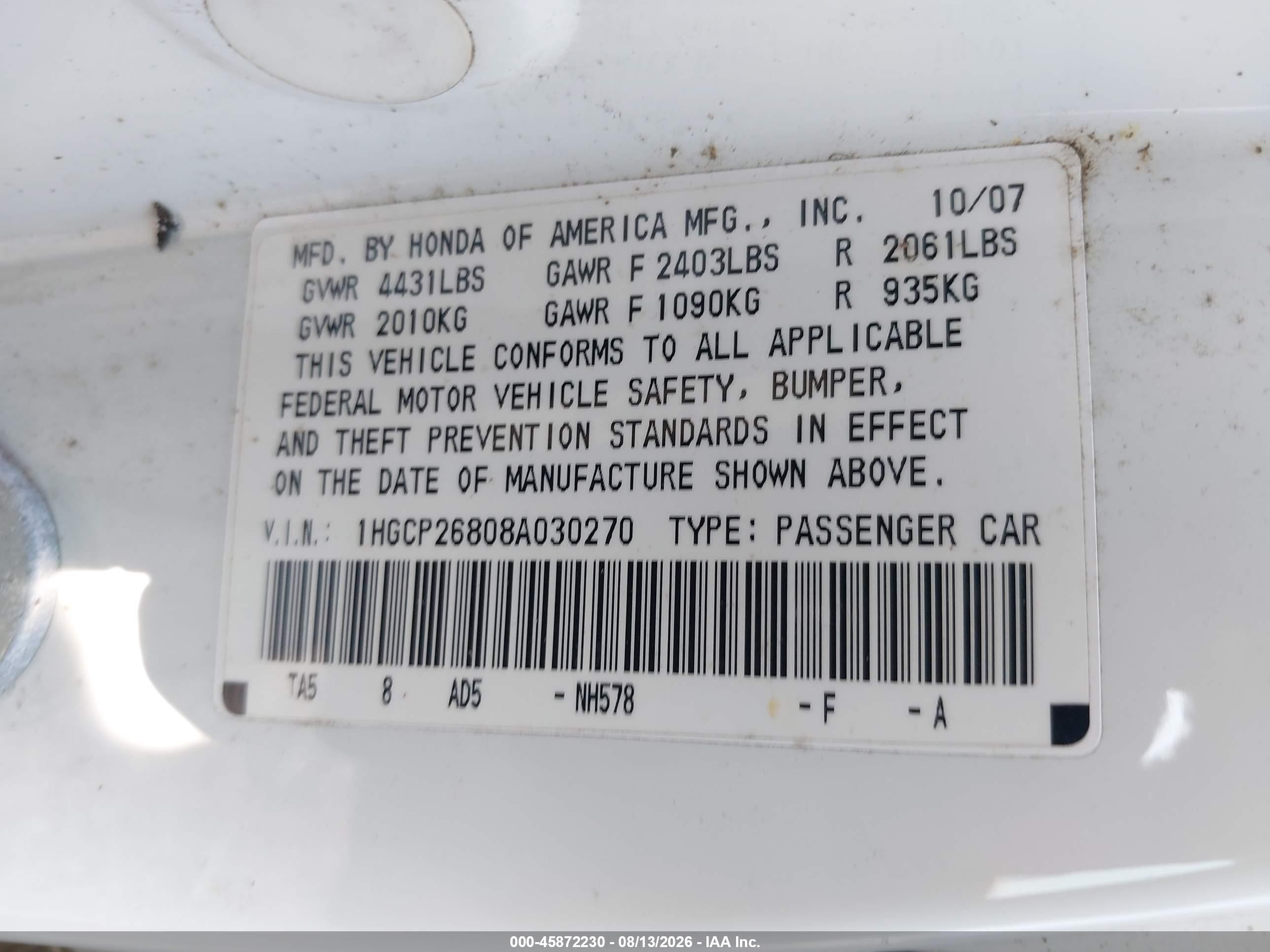 2008 Honda Accord 2.4 Ex-l White vin: 1HGCP26808A030270