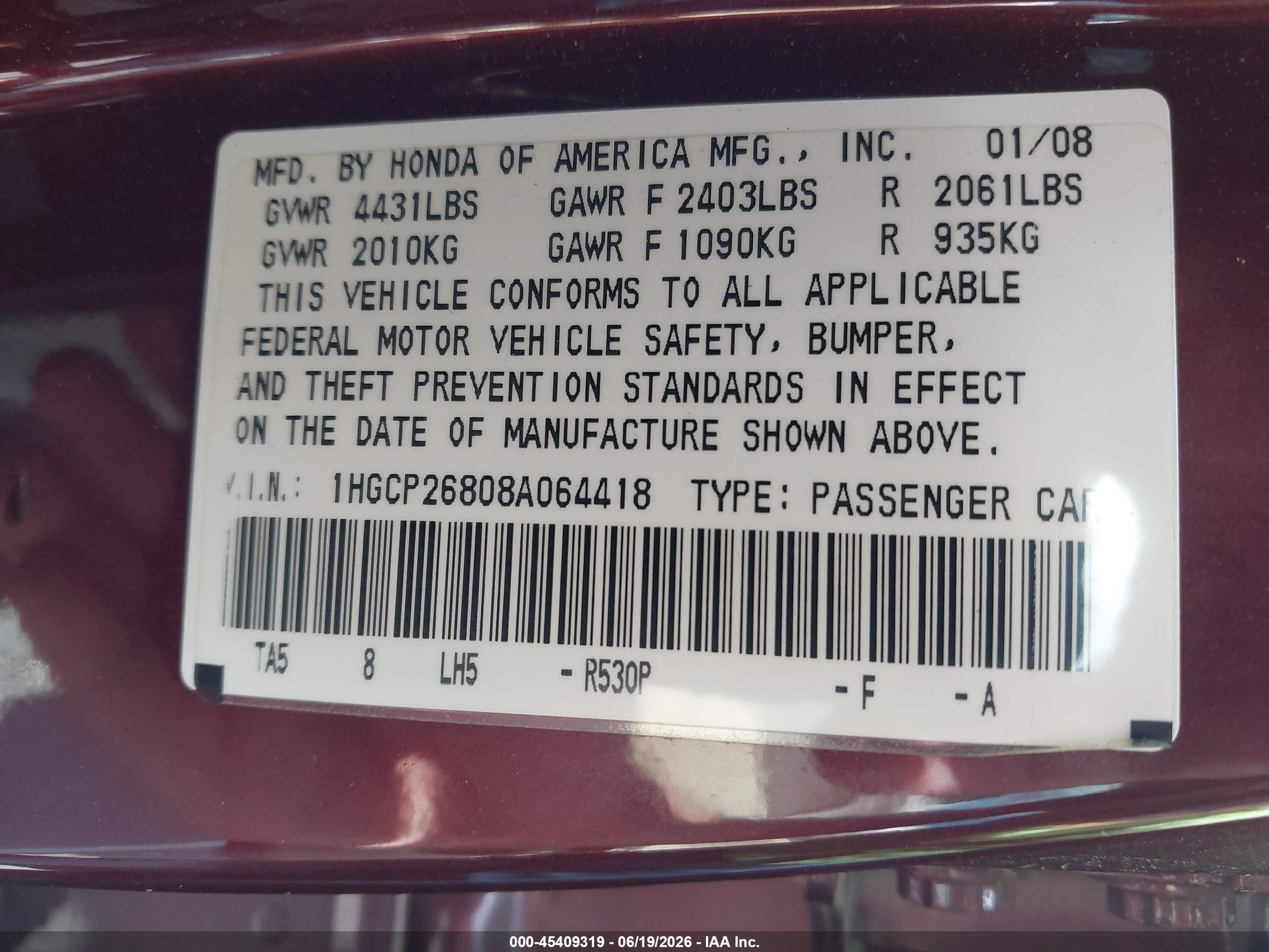 2008 Honda Accord 2.4 Ex-l Maroon vin: 1HGCP26808A064418