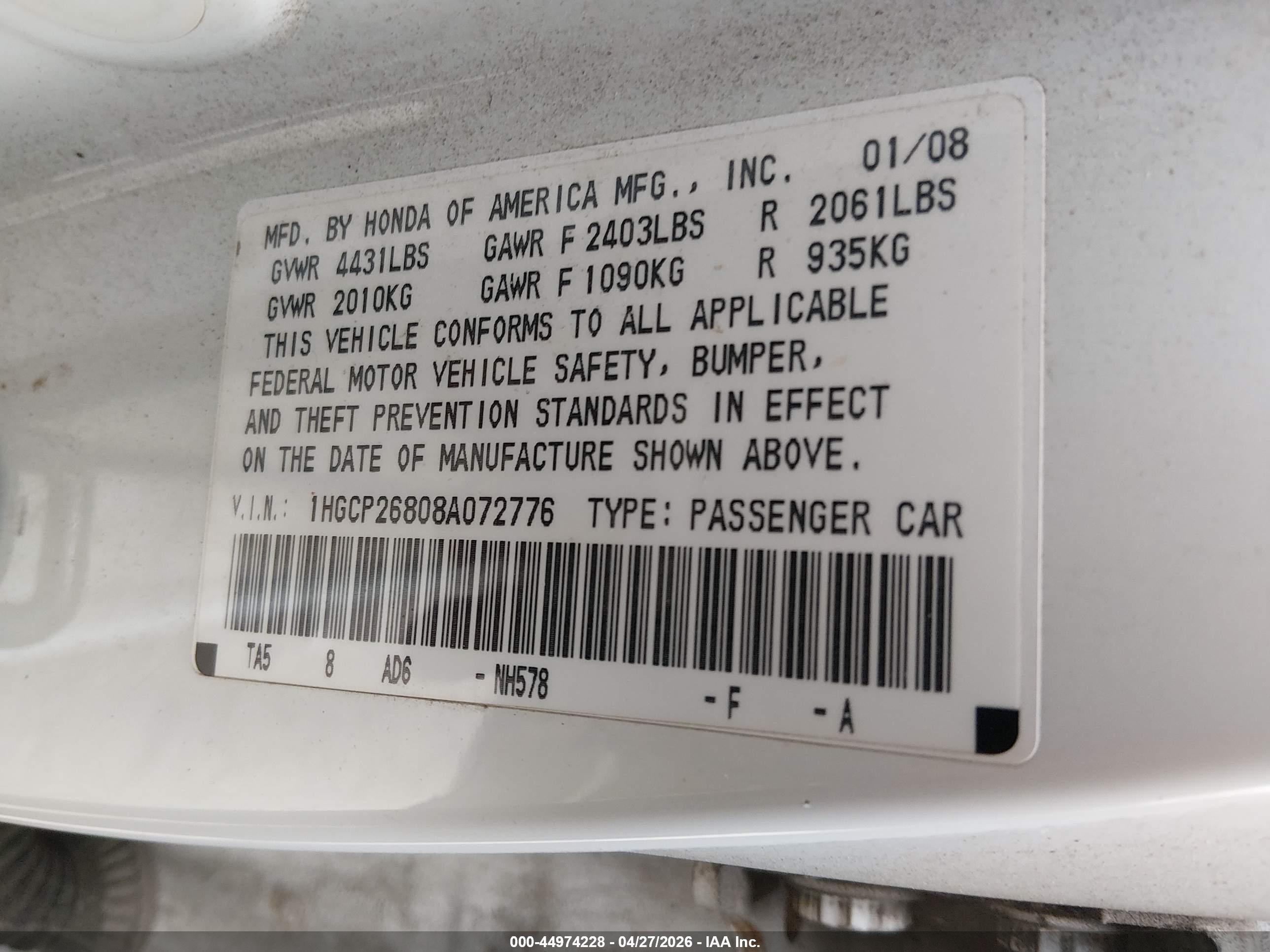 2008 Honda Accord 2.4 Ex-l White vin: 1HGCP26808A072776