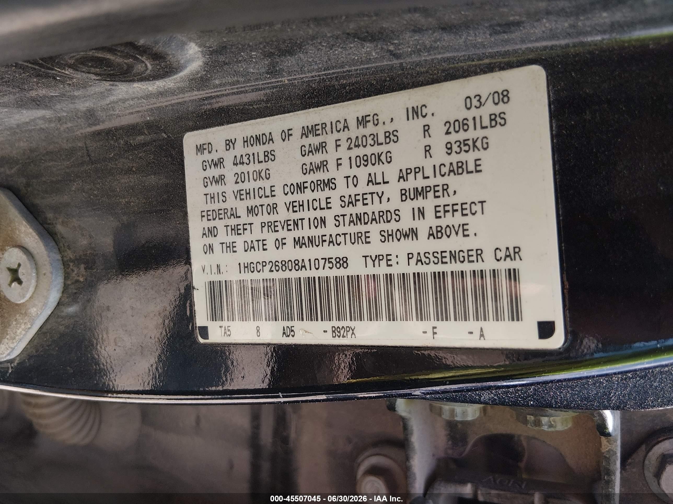 2008 Honda Accord 2.4 Ex-l Black vin: 1HGCP26808A107588