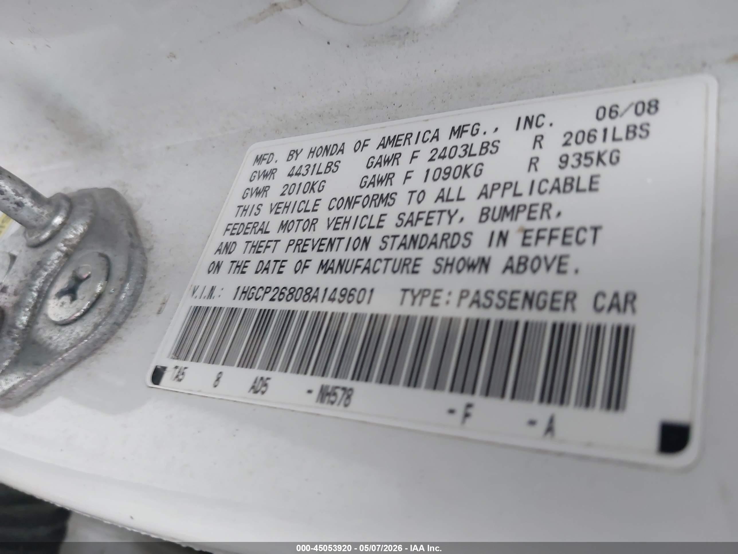 2008 Honda Accord 2.4 Ex-l White vin: 1HGCP26808A149601