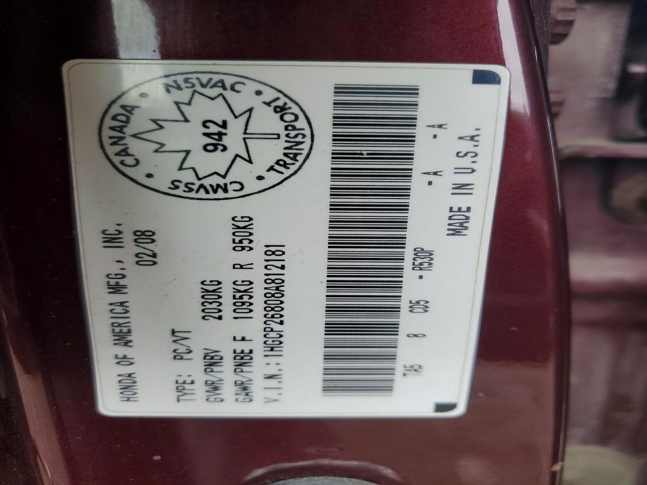 2008 Honda Accord Exl Burgundy vin: 1HGCP26808A812181