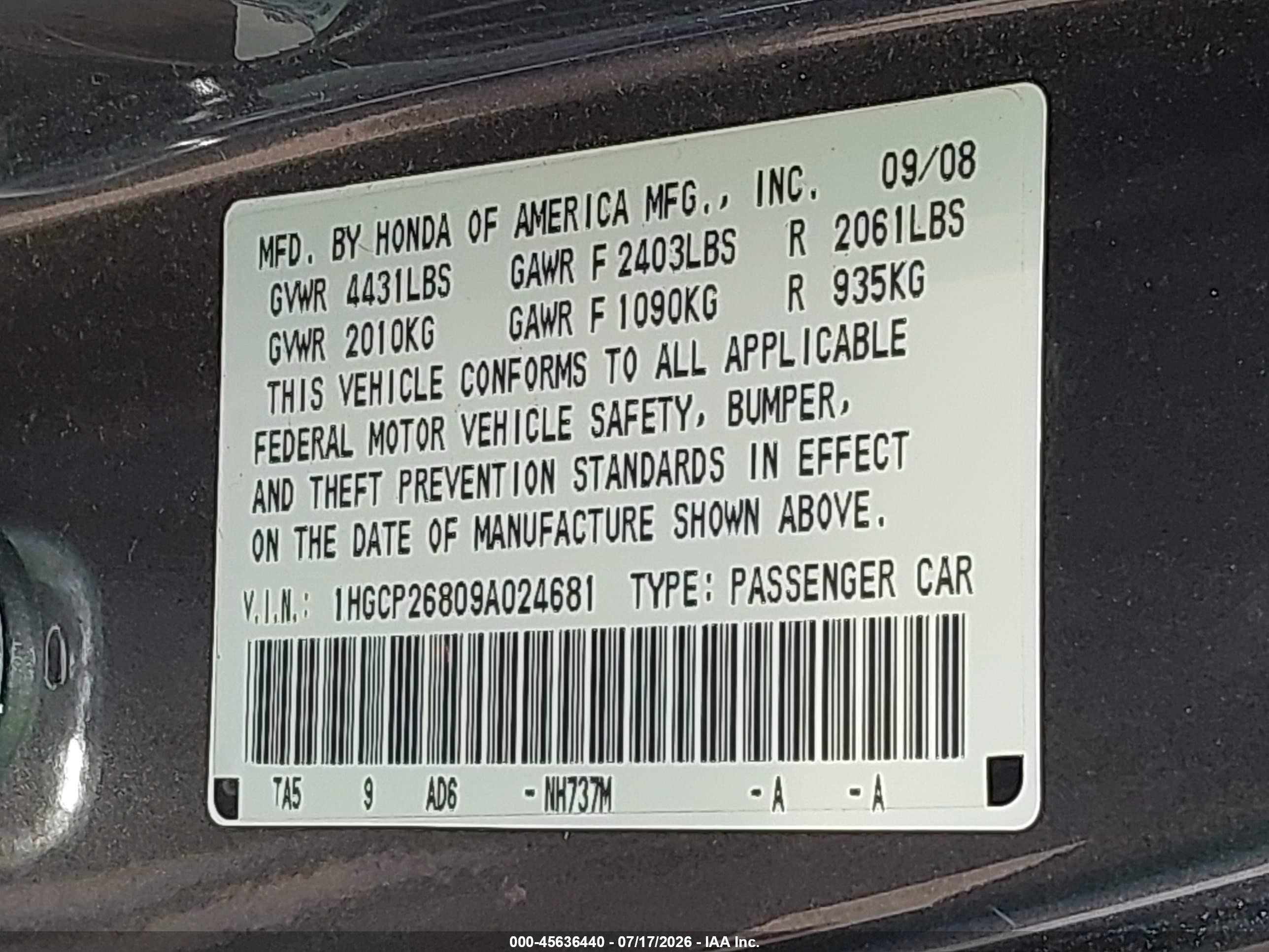 2009 Honda Accord 2.4 Ex-l Gray vin: 1HGCP26809A024681