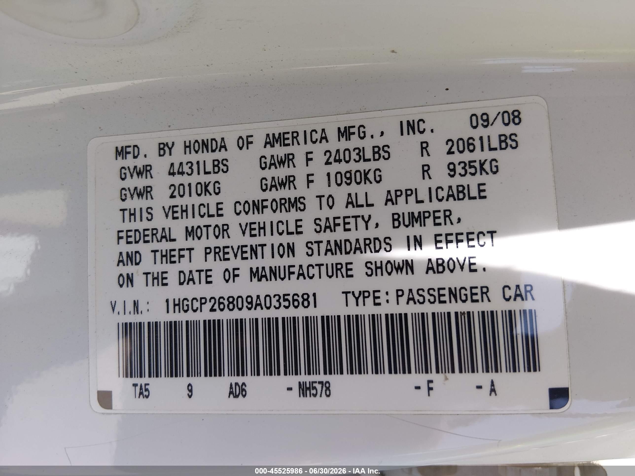 2009 Honda Accord 2.4 Ex-l White vin: 1HGCP26809A035681