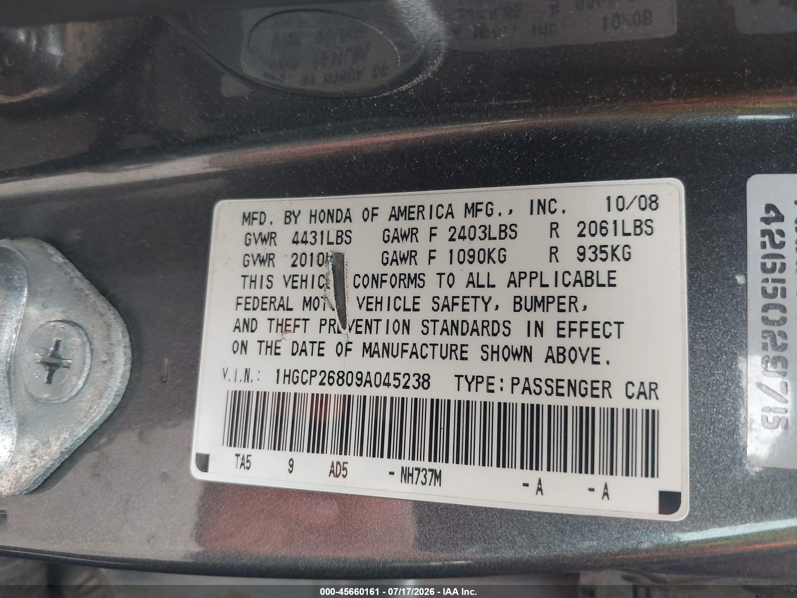 2009 Honda Accord 2.4 Ex-l Gray vin: 1HGCP26809A045238