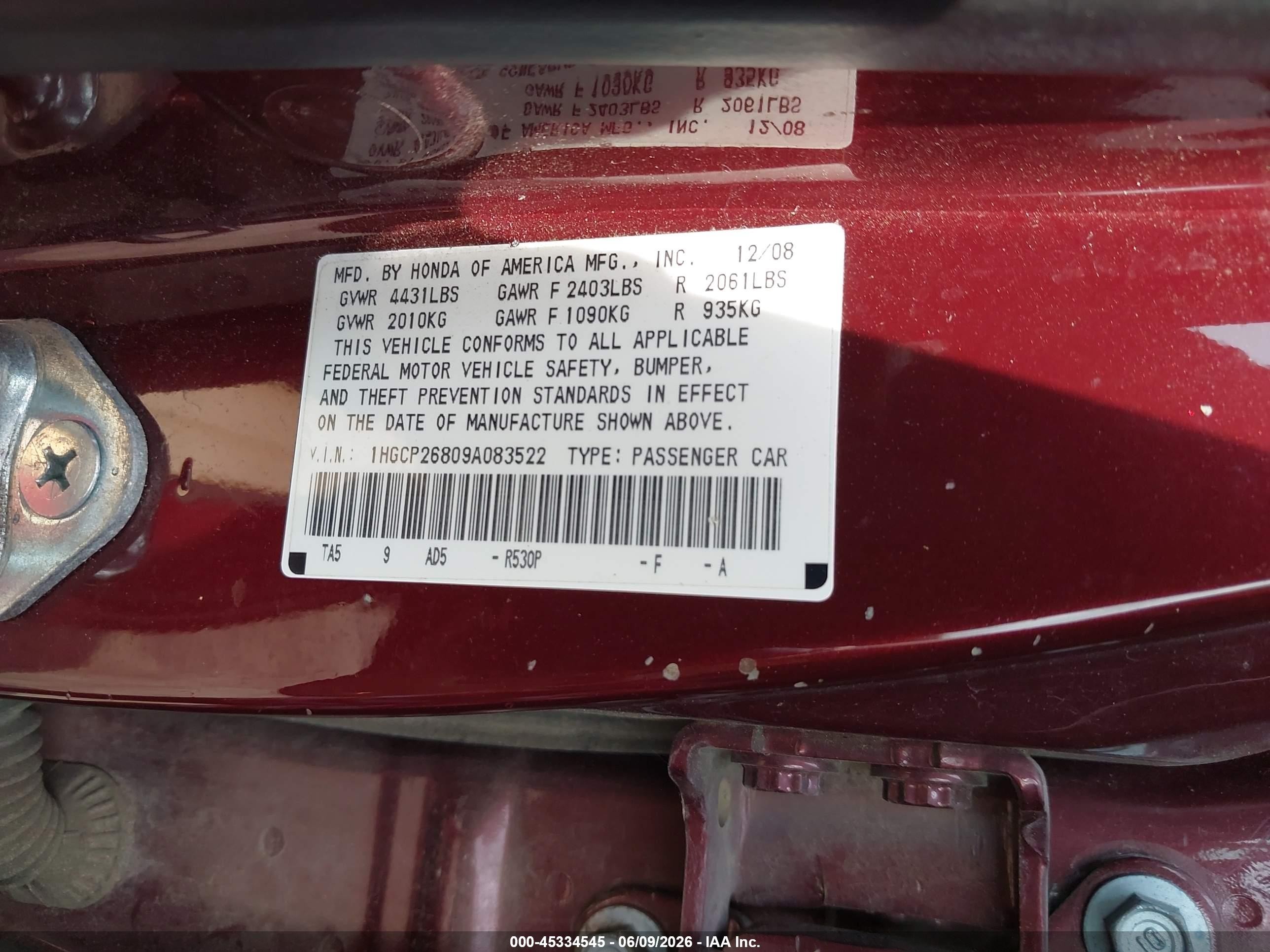 2009 Honda Accord 2.4 Ex-l Burgundy vin: 1HGCP26809A083522