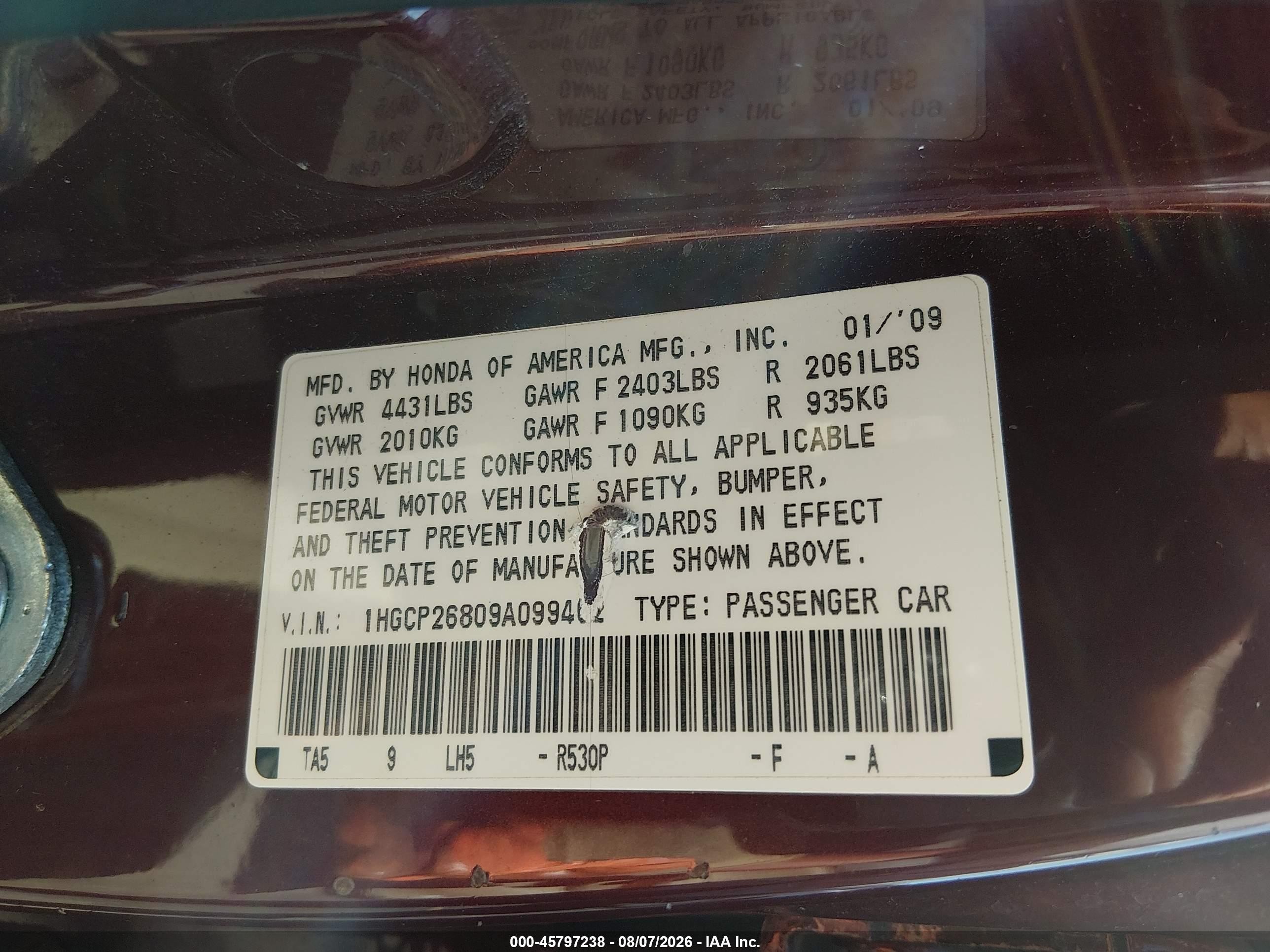 2009 Honda Accord 2.4 Ex-l Burgundy vin: 1HGCP26809A099462