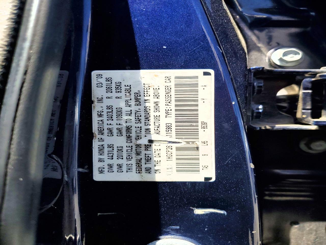 2009 Honda Accord Exl Синий vin: 1HGCP26809A115983