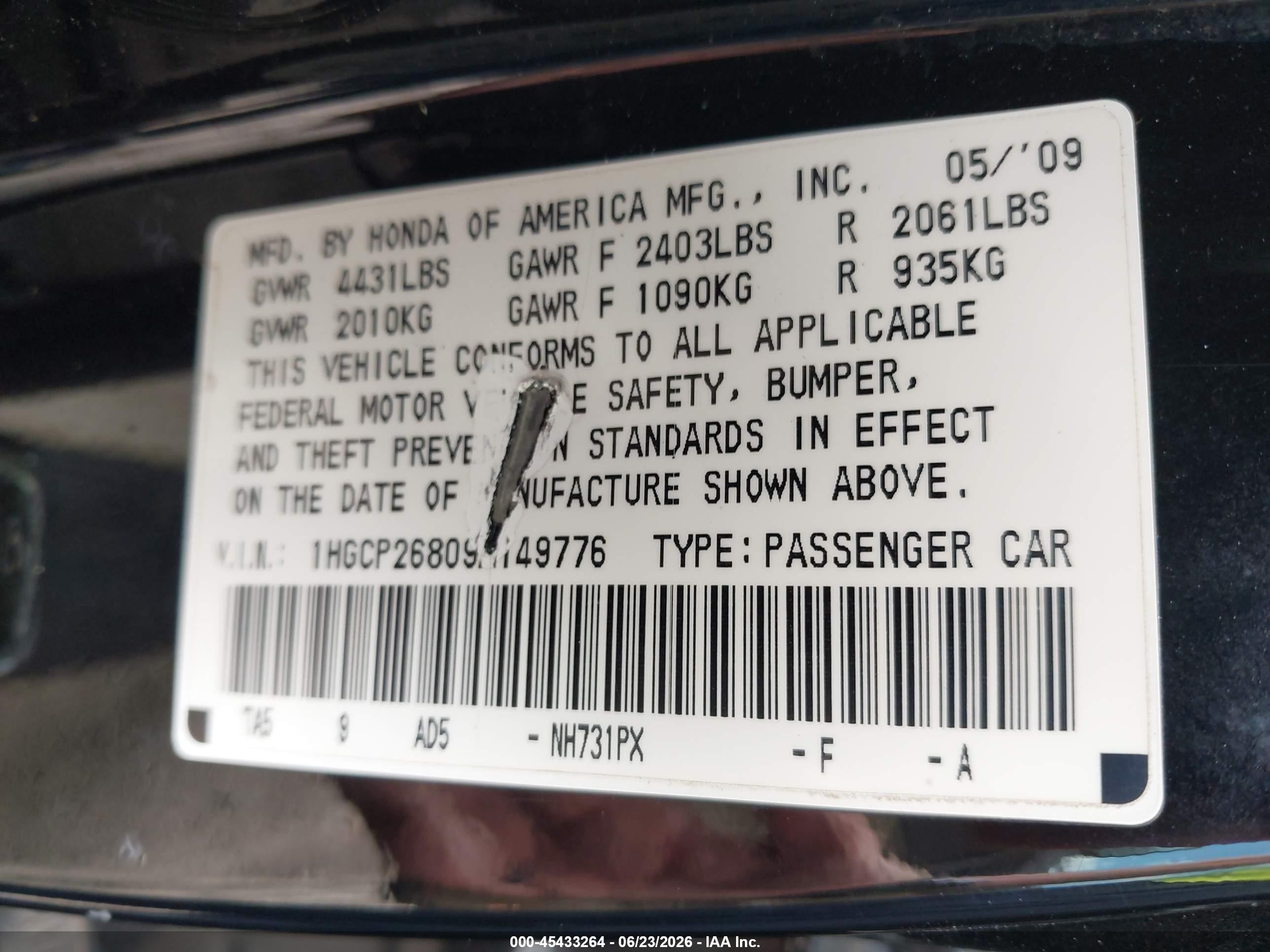 2009 Honda Accord 2.4 Ex-l Black vin: 1HGCP26809A149776