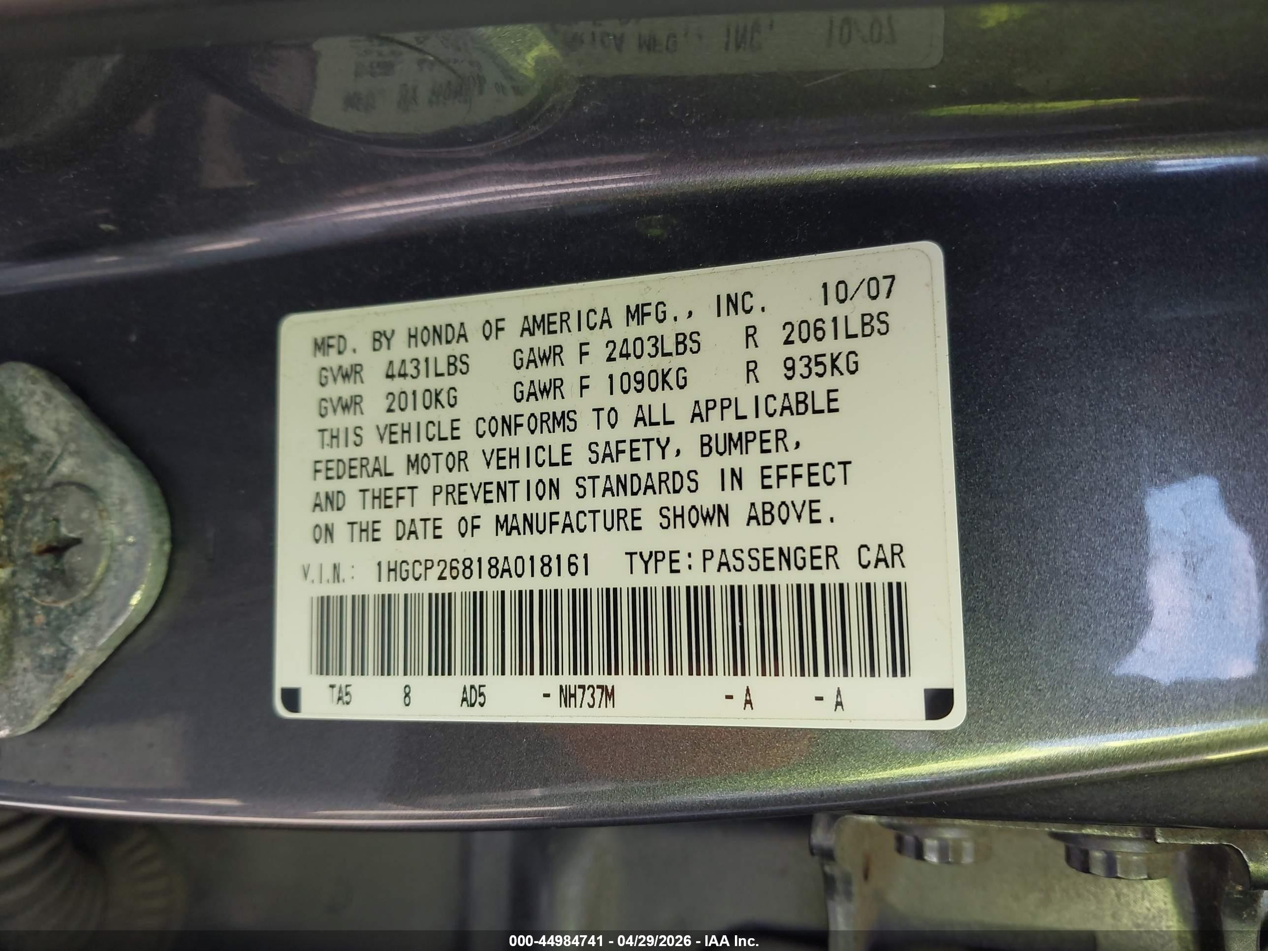 2008 Honda Accord 2.4 Ex-l Gray vin: 1HGCP26818A018161