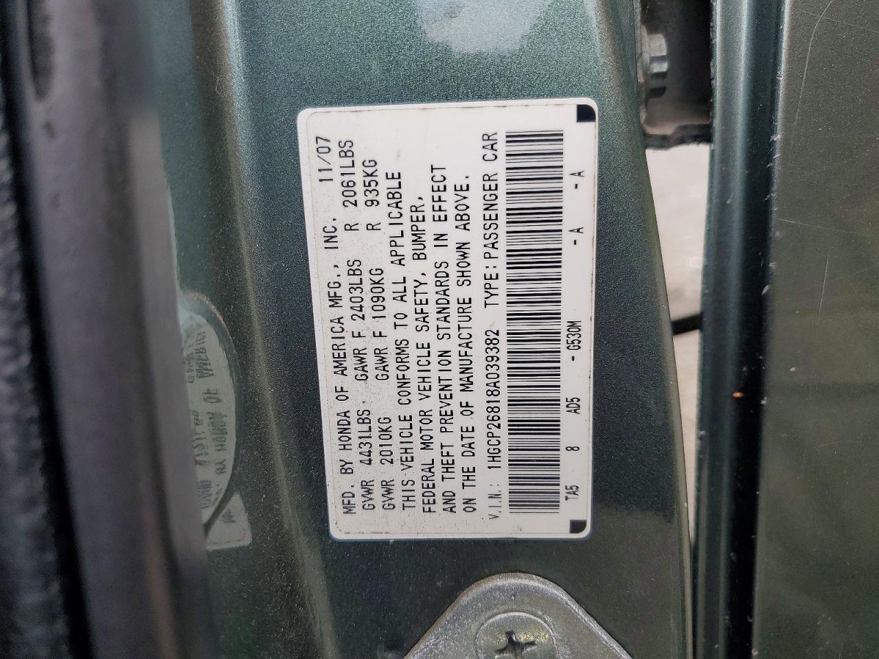 2008 Honda Accord Exl Green vin: 1HGCP26818A039382
