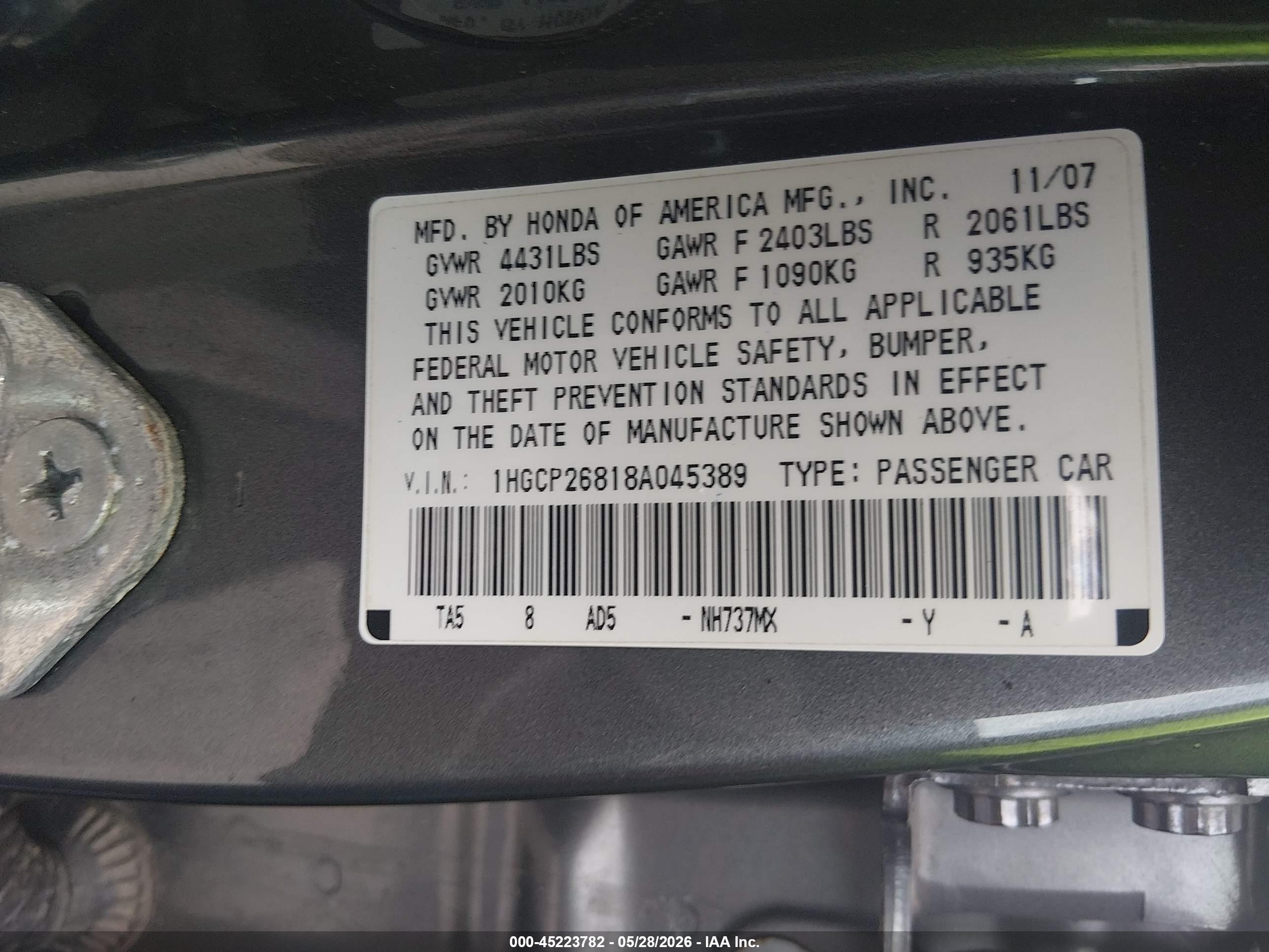 2008 Honda Accord 2.4 Ex-l Gray vin: 1HGCP26818A045389