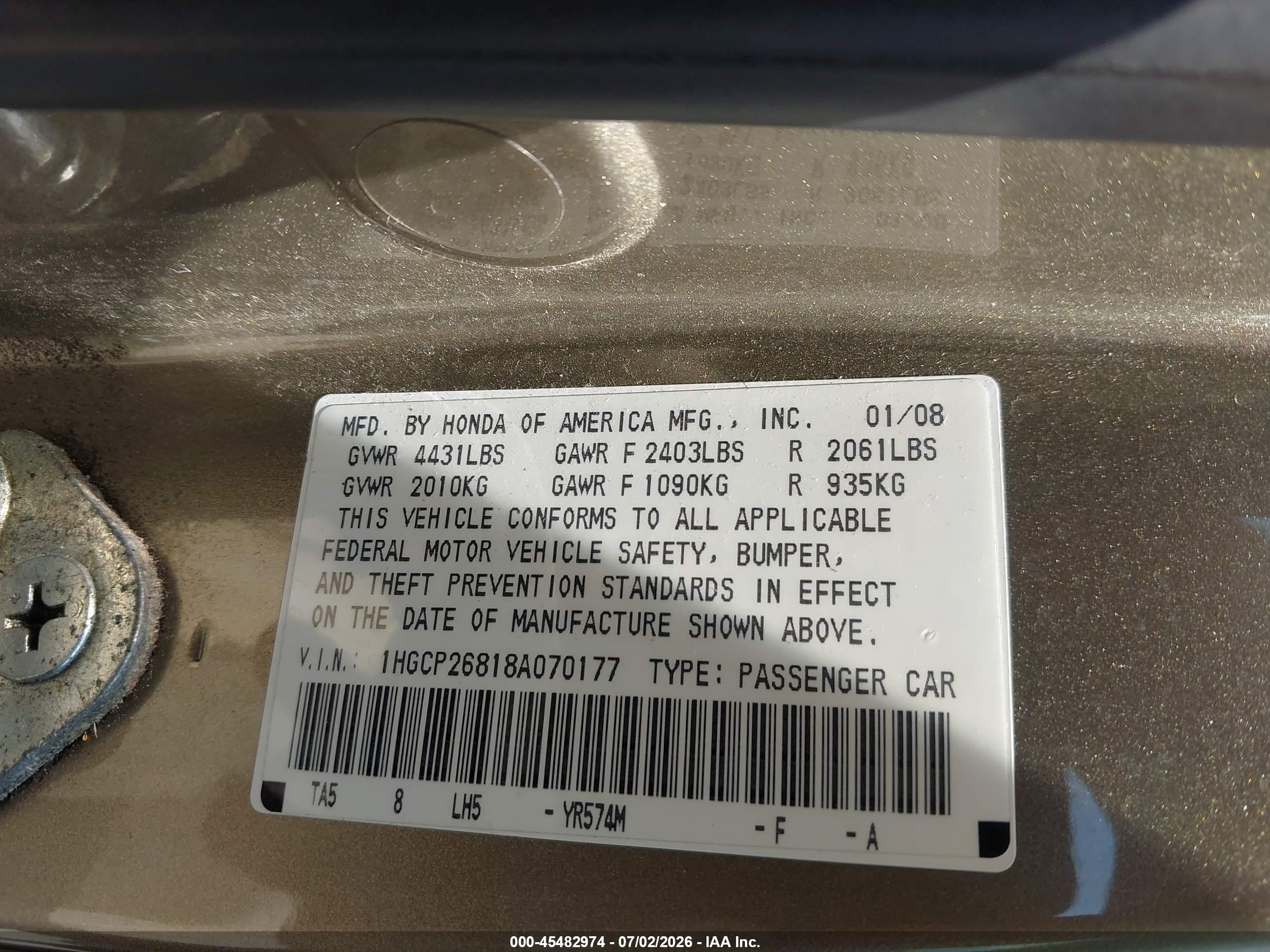 2008 Honda Accord 2.4 Ex-l Gold vin: 1HGCP26818A070177