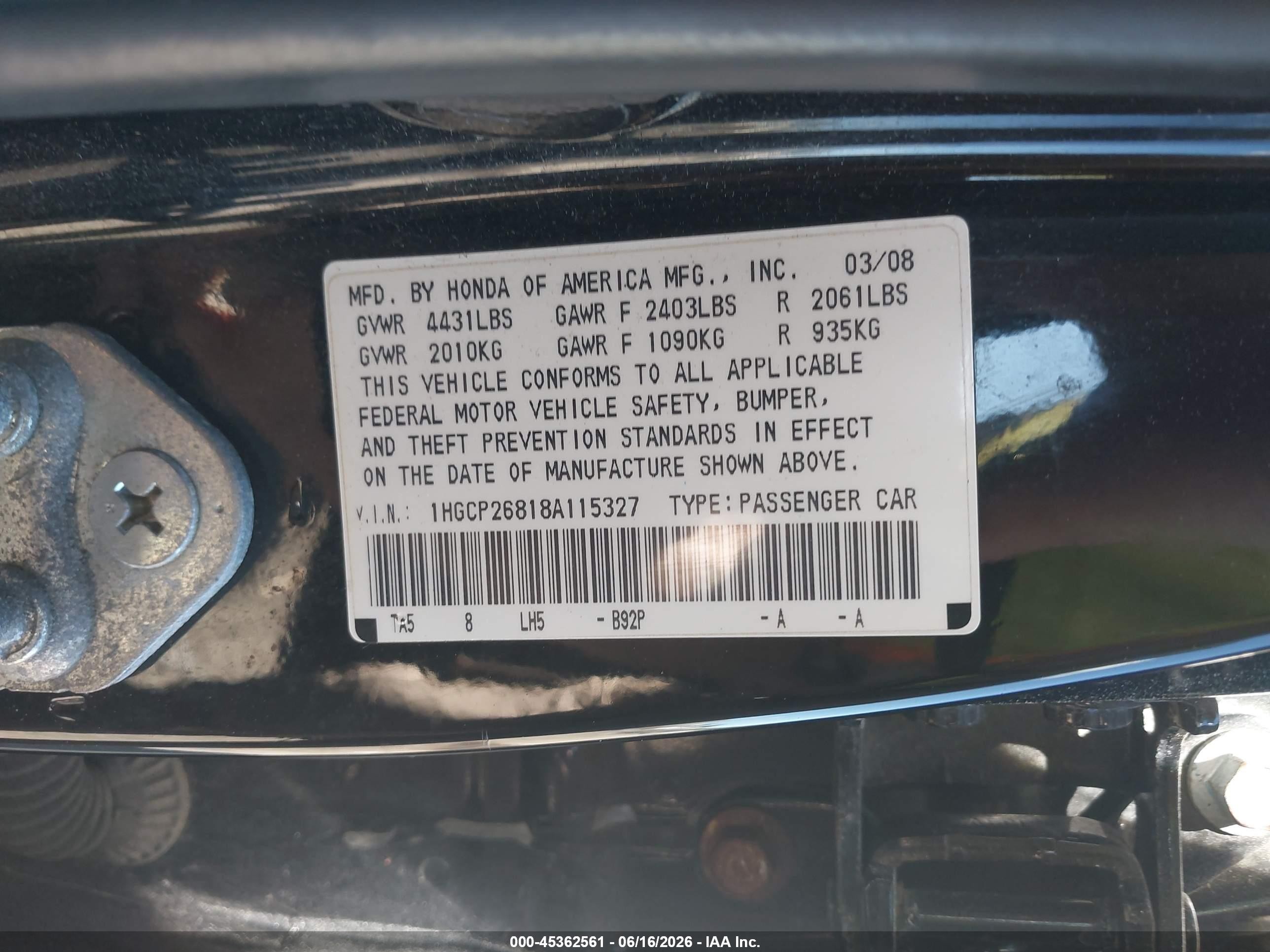 2008 Honda Accord 2.4 Ex-l Black vin: 1HGCP26818A115327