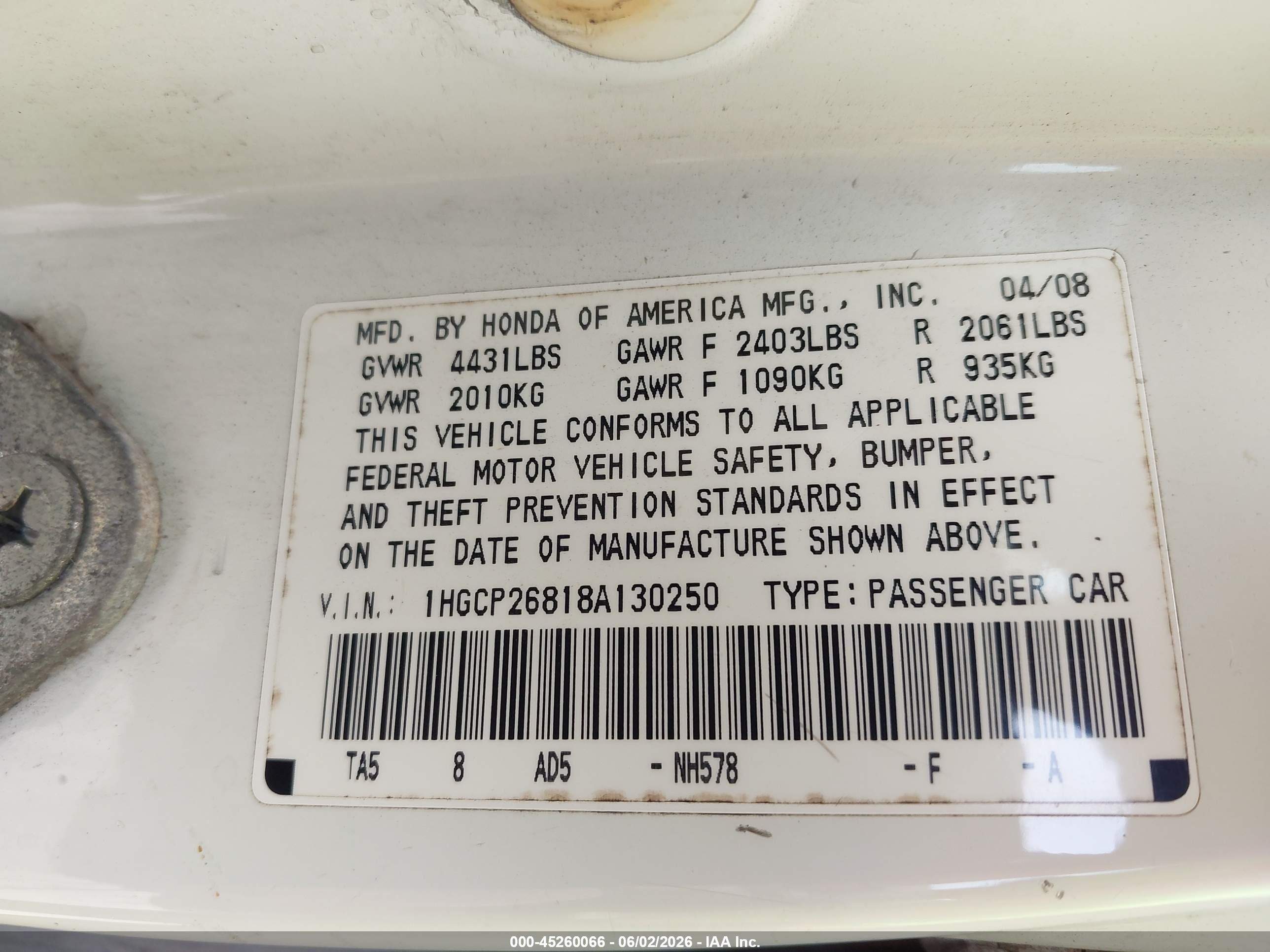 2008 Honda Accord 2.4 Ex-l White vin: 1HGCP26818A130250